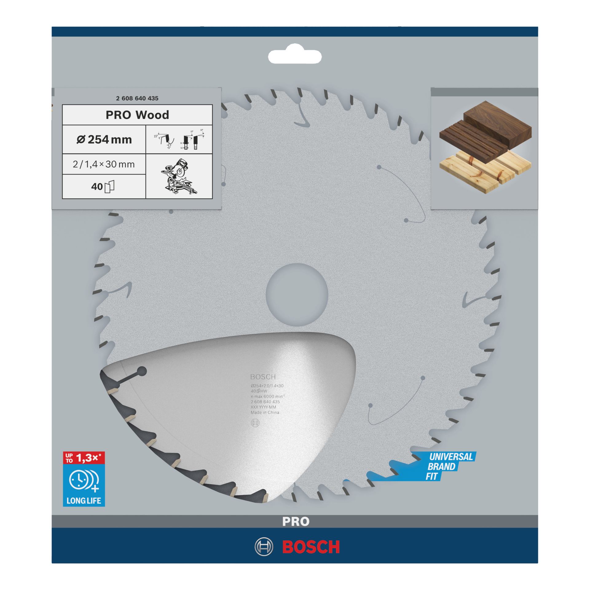 Bosch PRO puupyörösaha terä, 40 hammasta, 254 mm halkaisija, 30 mm akseli; pakkauksessa on puunäytteitä, ikoneita ja Bosch-brändäystä.
