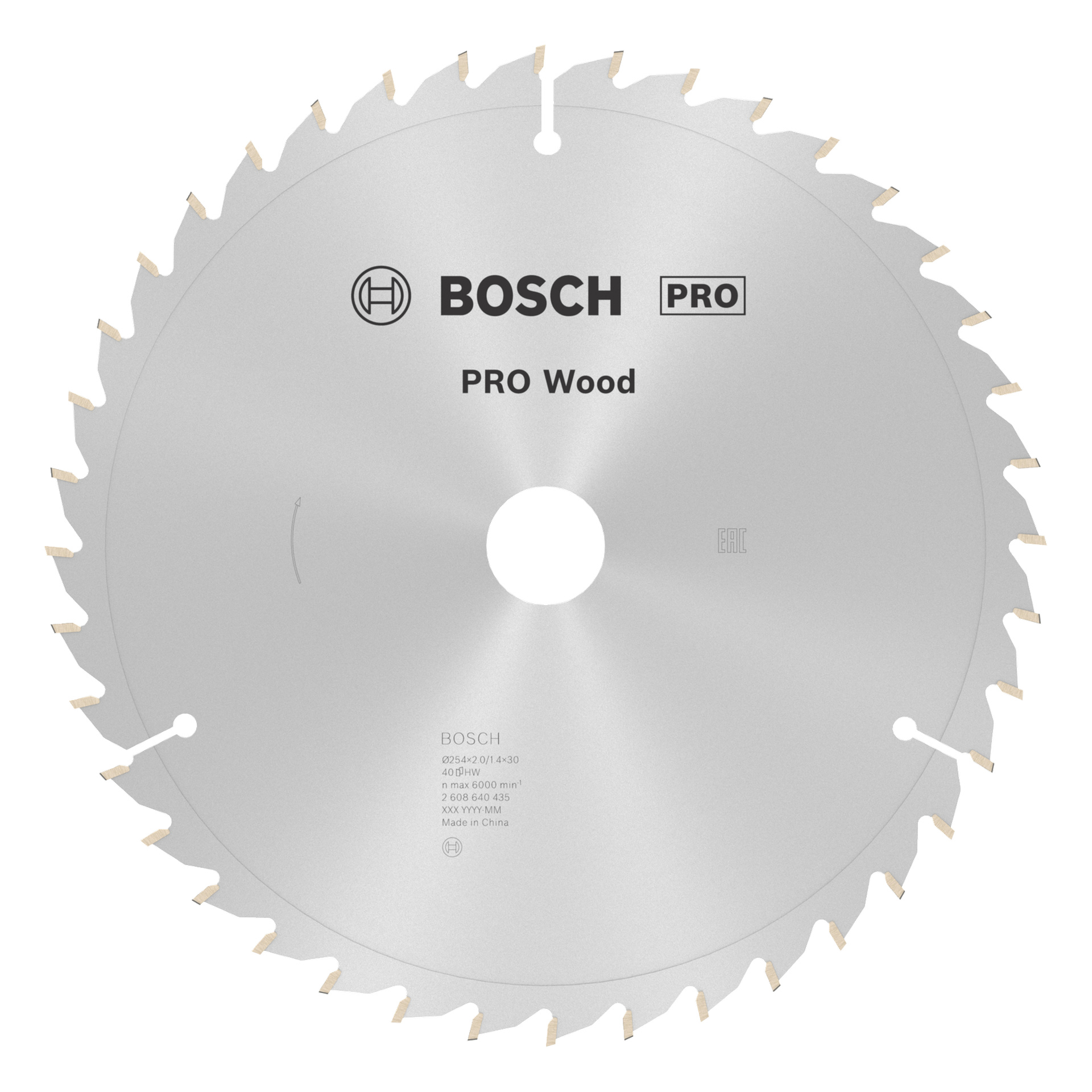 Et metallisk BOSCH PRO tre-rundsagblad med ensartede tenner og sentrale trykte spesifikasjoner, designet for å kutte tre.
