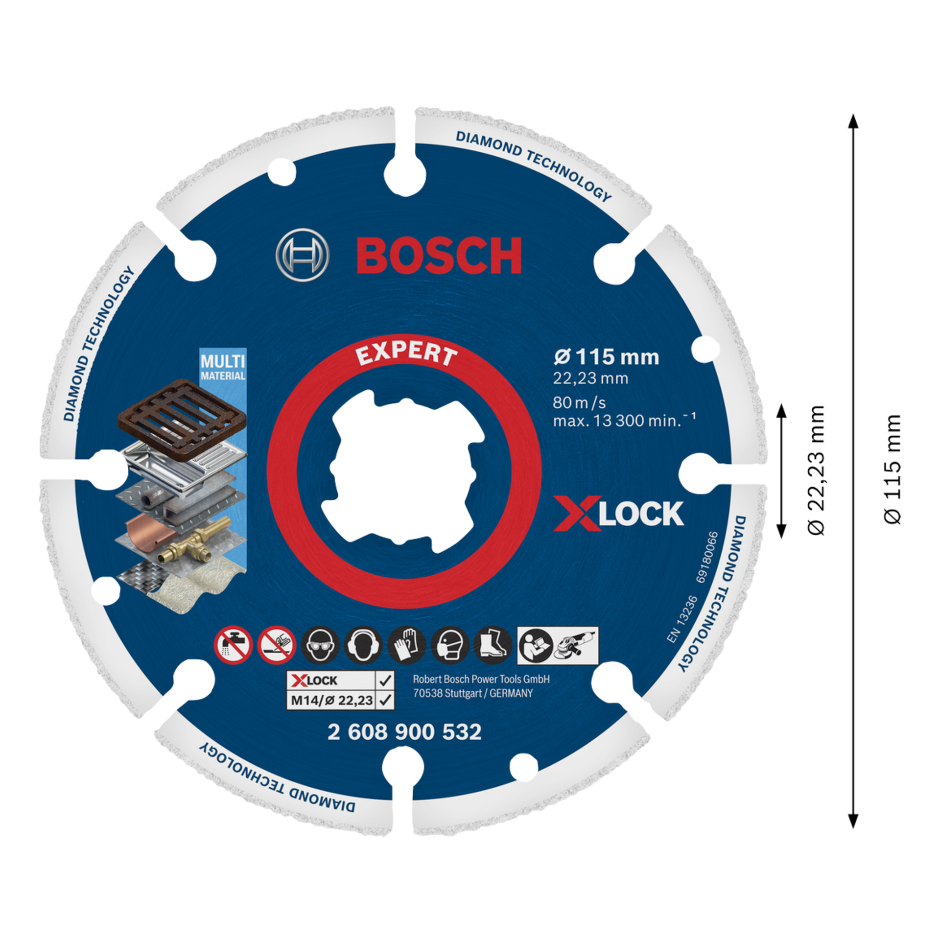 Bosch Expert diamantslipskiva, 115 mm diameter, 22,23 mm borrning, max 13 300 varv per minut, användning i flera material, X-Lock; ikoner visade.