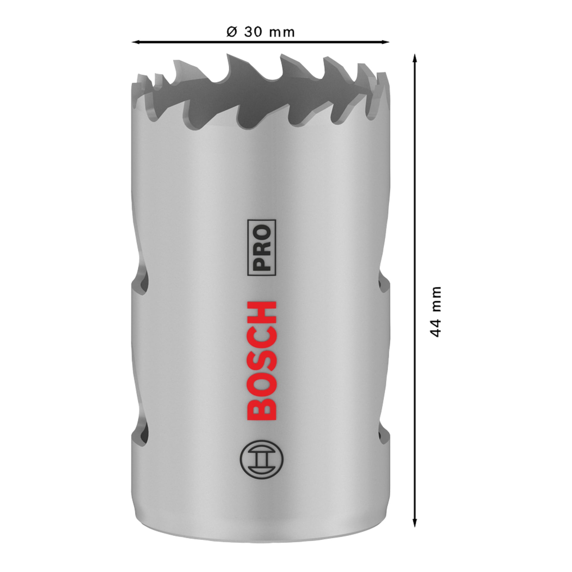 Bosch Pro metallhullsag med skarpe tenner, grå finish, 30 mm diameter, 44 mm høy, rød og svart Bosch-logo på siden.