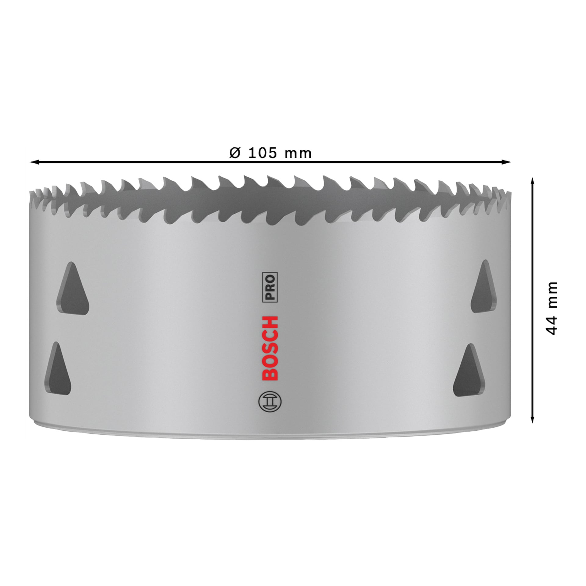 En sølvfarget Bosch Pro hullsag med taggete tenner, merket 105 mm diameter og 44 mm høyde, sidespor, rød og svart merking.