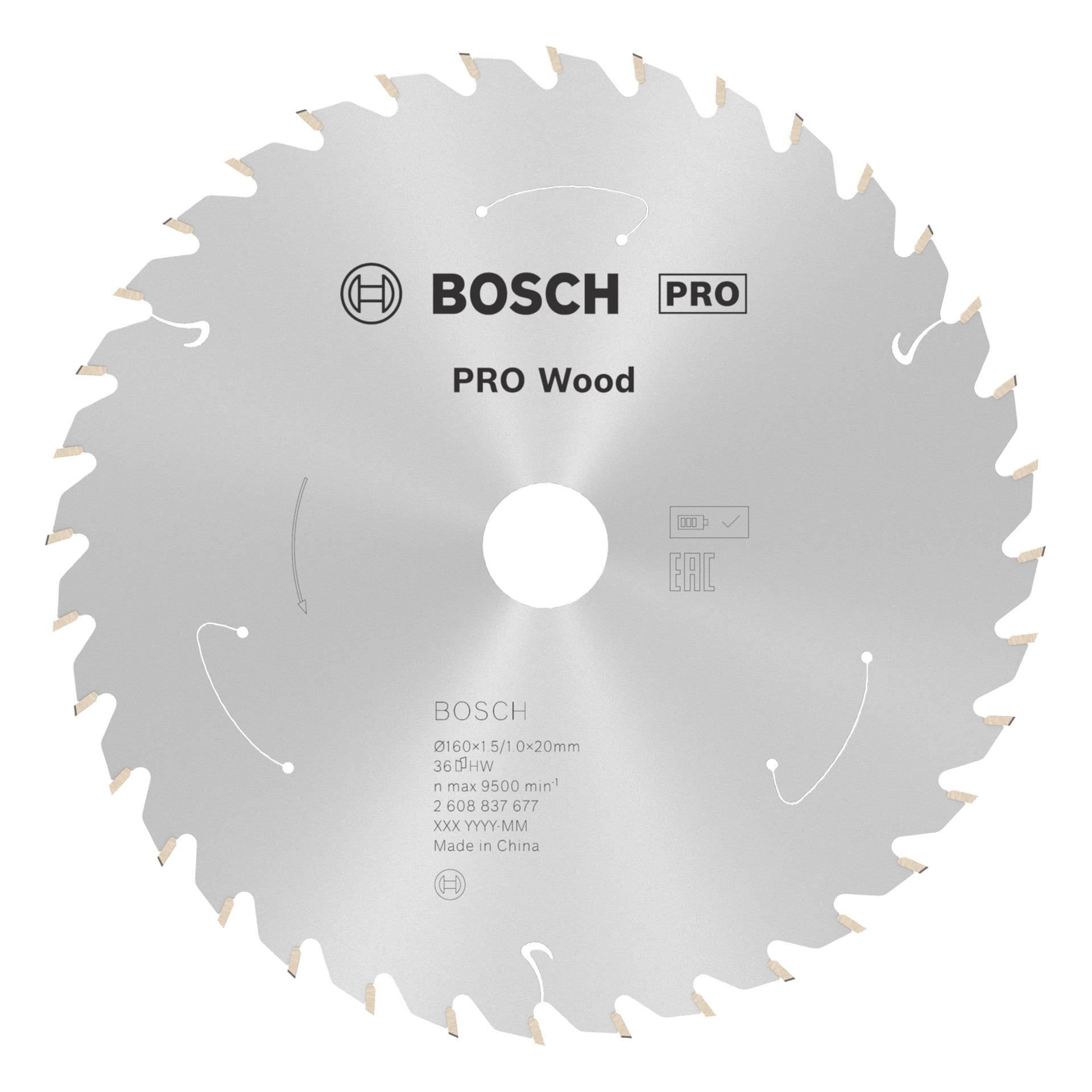 Ett silverfärgat cirkelsågblad med 24 tänder, BOSCH PRO Wood-märkning och graverade detaljer som visar storlek, hastighet och specifikationer.