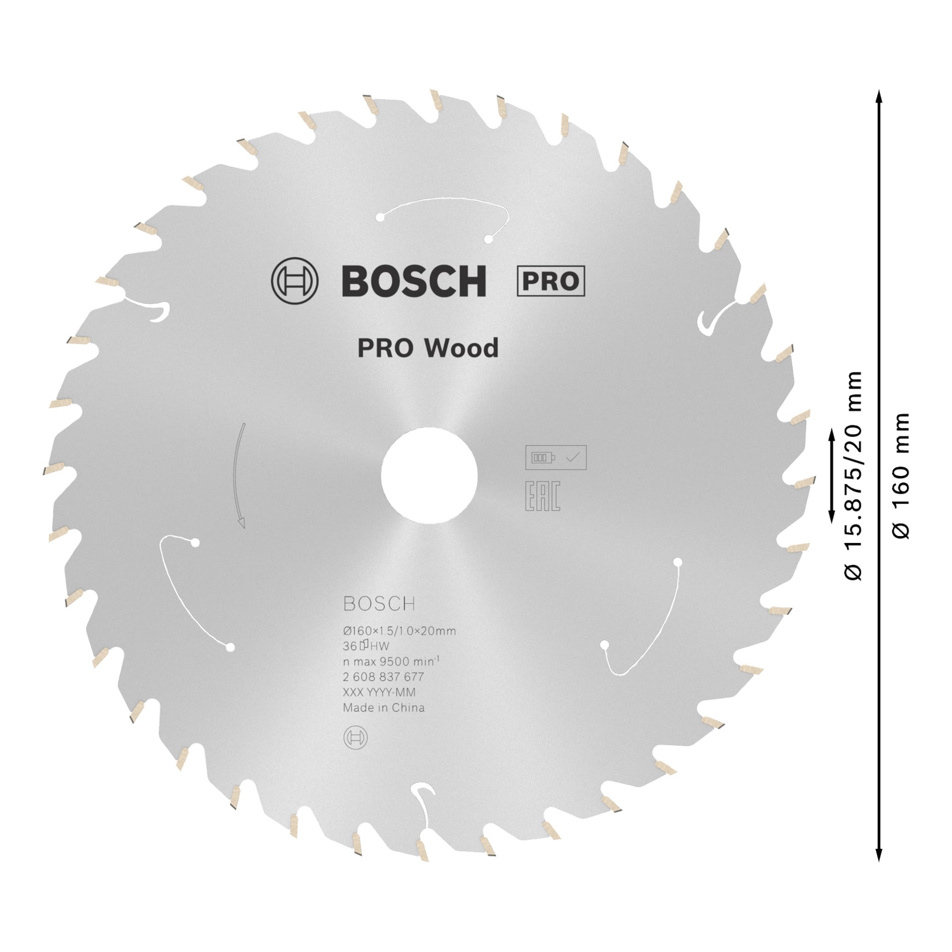 Ett bosch pro Wood cirkelsågsblad med jämnt fördelade tänder, specifikationer och logotyper tryckta, med 160 mm diameter och 15,87/20 mm borrning.