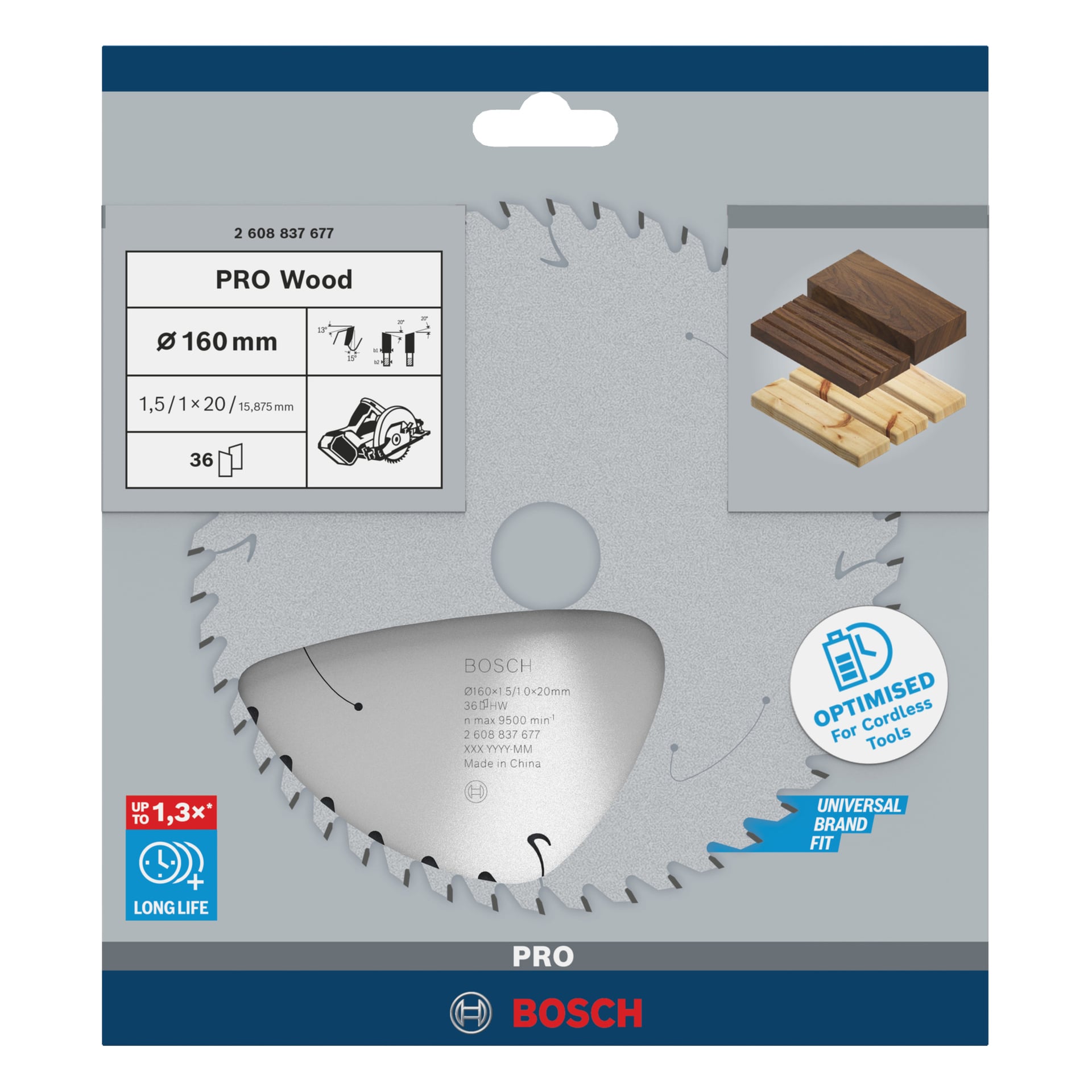 Bosch PRO träsågblad i paketet, märkt 160 mm, 1,5 mm tjockt, 20/16 mm borrning, 36 tänder, för trä och sladdlösa verktyg.