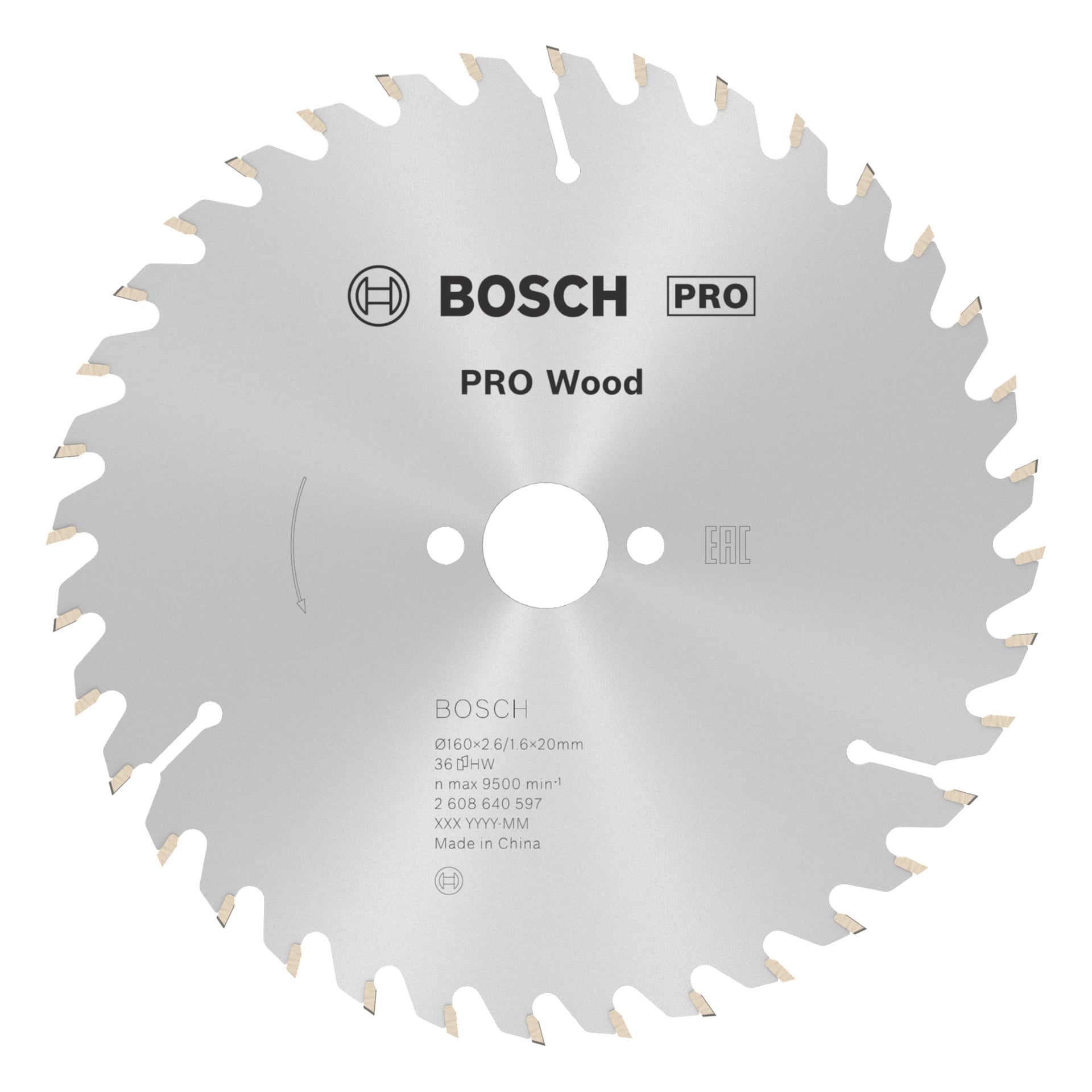 ET BOSCH PRO Trerundsagblad med skarpe, ensartede tenner og diverse spesifikasjoner og logoer merket på den metalliske overflaten.