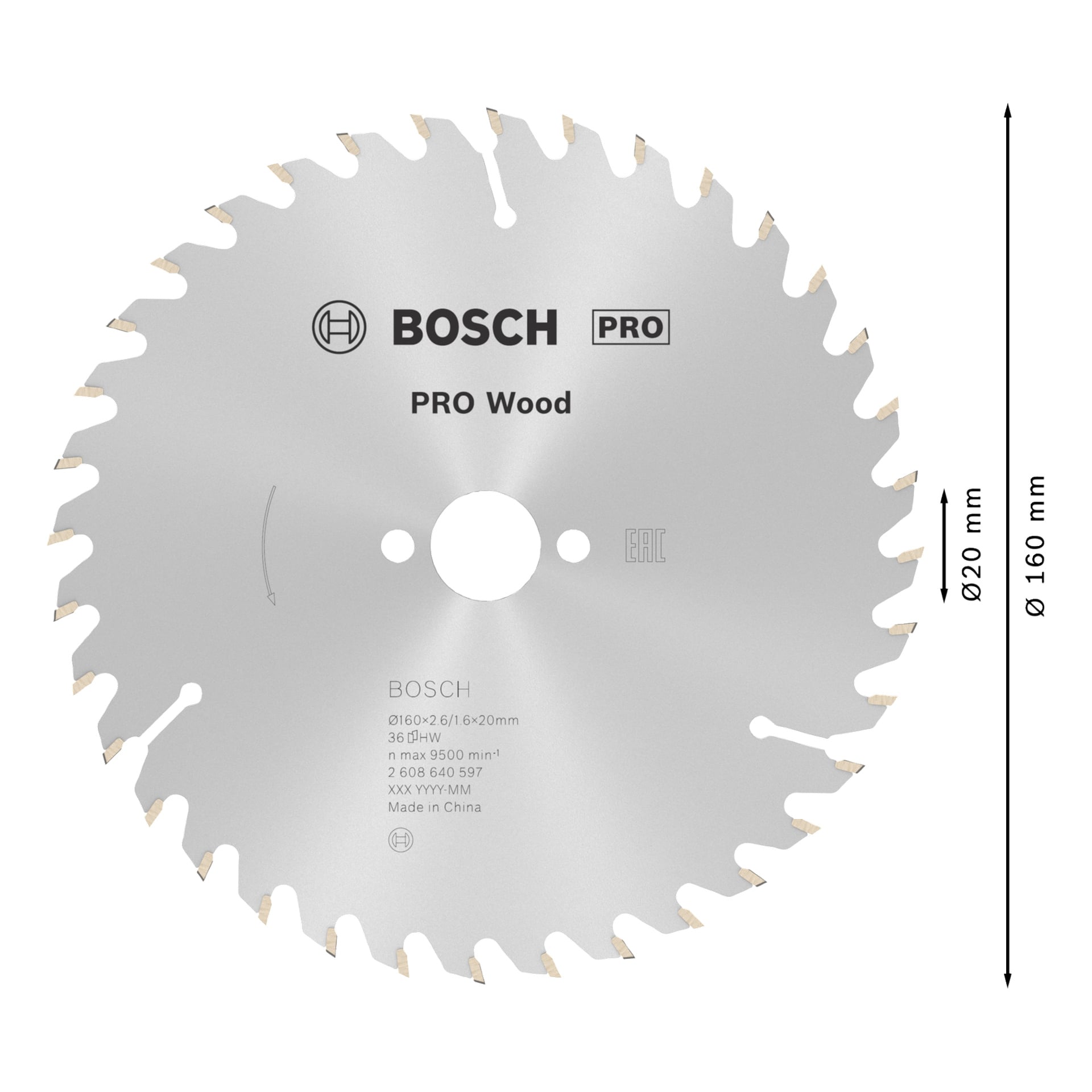 Et sølvfarget Bosch PRO tresagblad med 24 tenner, som viser spesifikasjoner og piler som indikerer 160 mm ytre og 20 mm indre diameter.
