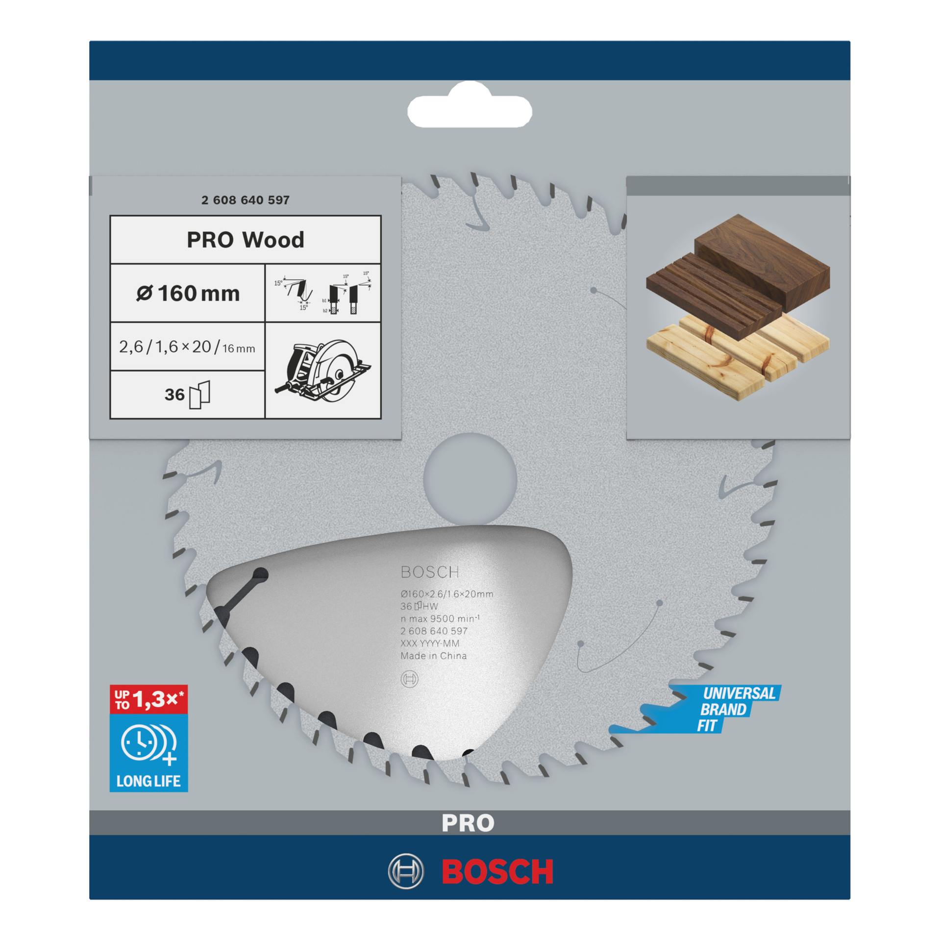 Bosch PRO trerundsagblad, 160 mm med 36 tenner, i emballasje med kompatibilitetsinformasjon og illustrasjoner av tresnitt.