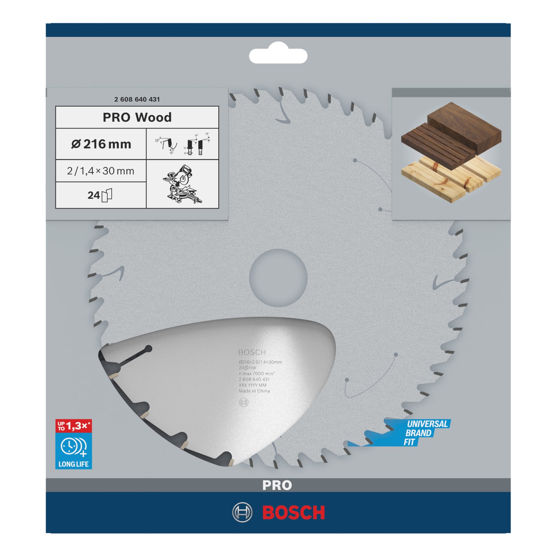 Bosch PRO Holzkreissägeblatt, 24 Zähne, 216 mm Durchmesser, 30 mm Bohrung in der Verpackung, die das Sägeblatt und die Holzschnittmuster zeigt.