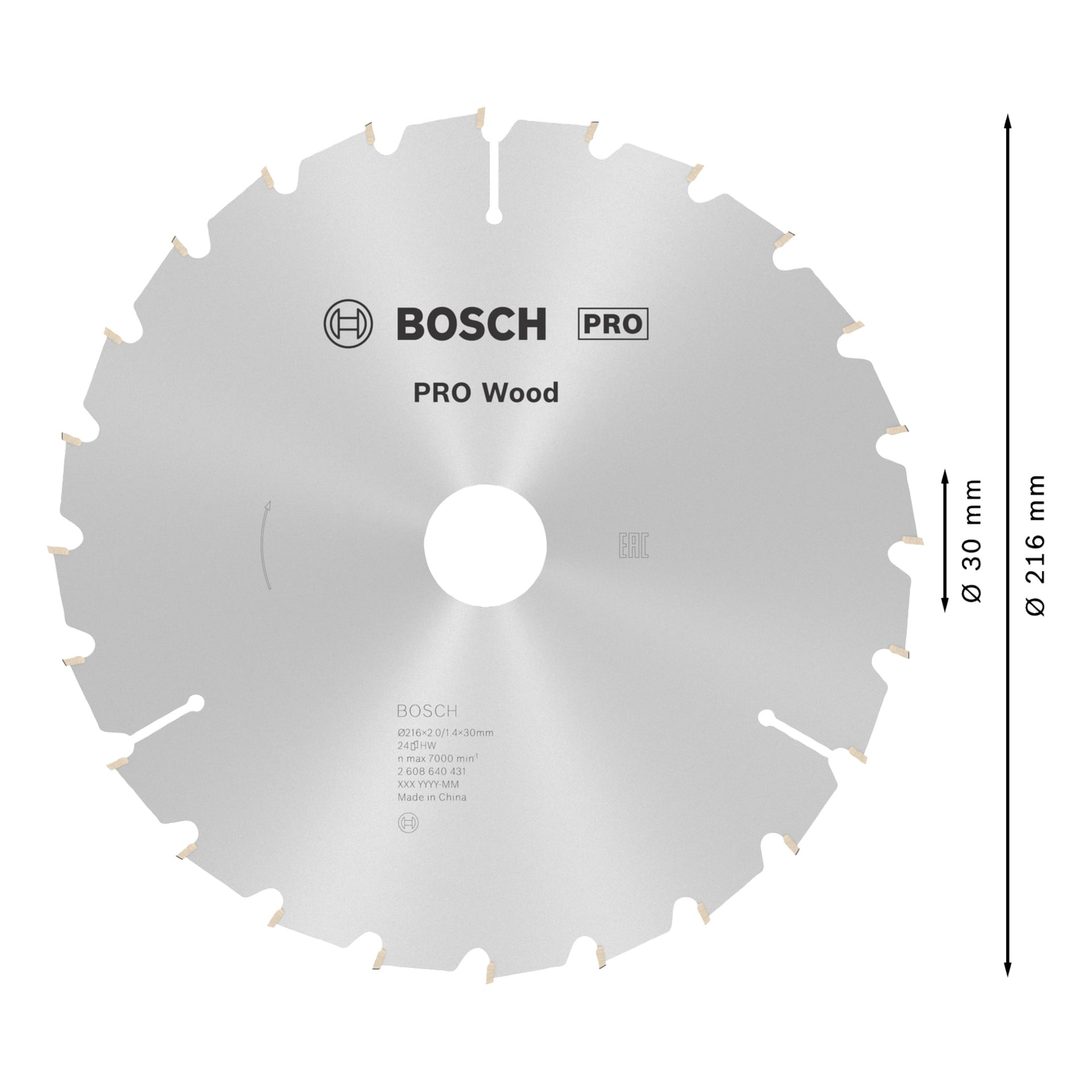 Bosch PRO Holz 18-zackige Kreissägeblatt, 216 mm Durchmesser, 30 mm Bohrung, silbern mit schwarzen Spezifikationen, zum Holzschneiden.