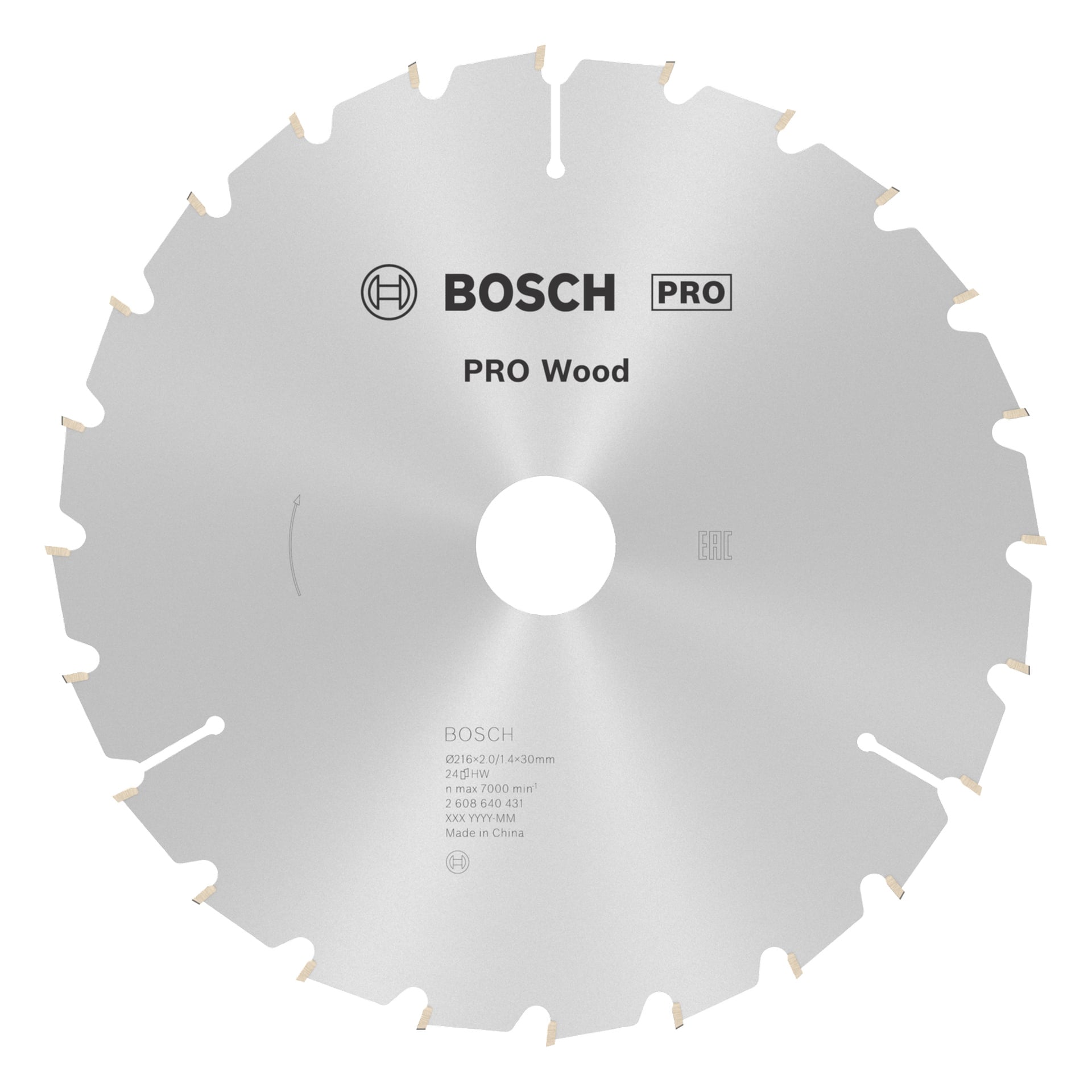 Eine silberne Bosch PRO Holzkreissäge mit einheitlichen Zähnen, einem zentralen Loch und Oberflächenlogos mit Produktdetails.