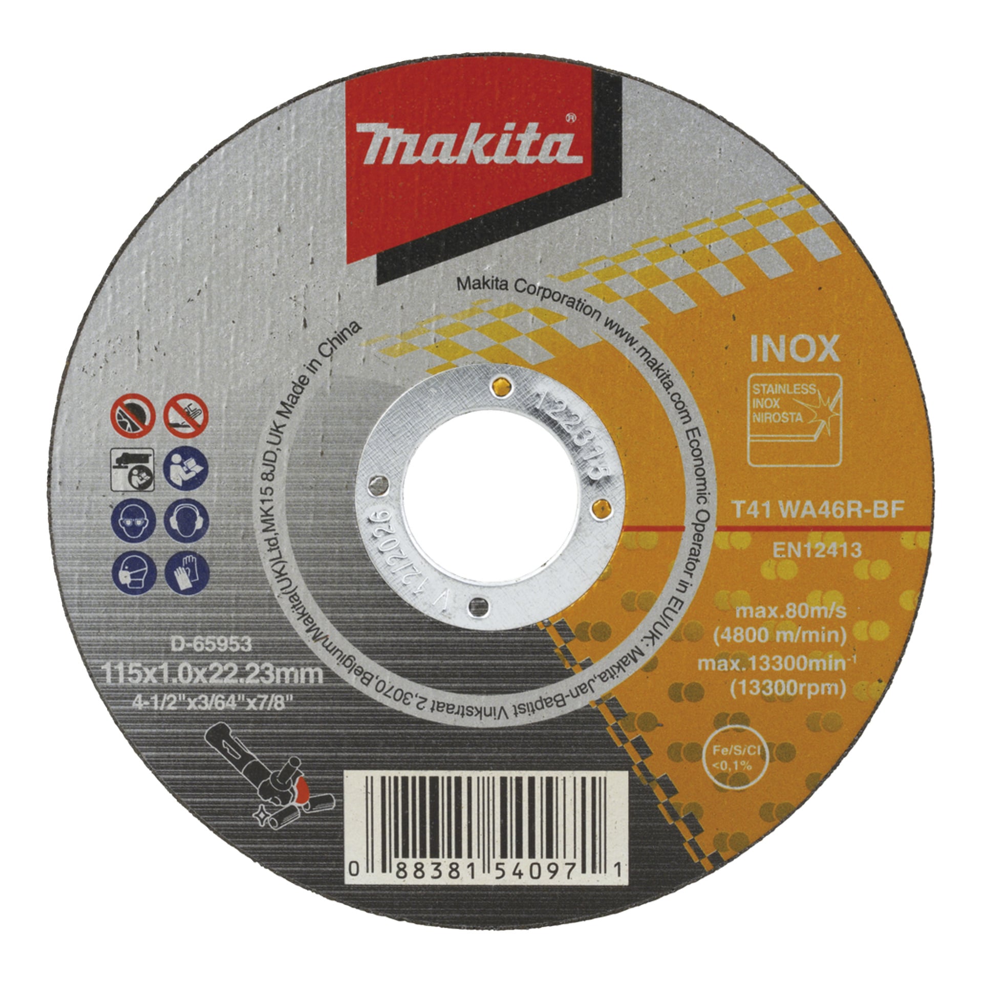 Makita INOX skärskiva visar storlek (115 x 1,0 x 22,23 mm), maxhastighet (80 m/s, 13 300 varv/min) och streckkoder.