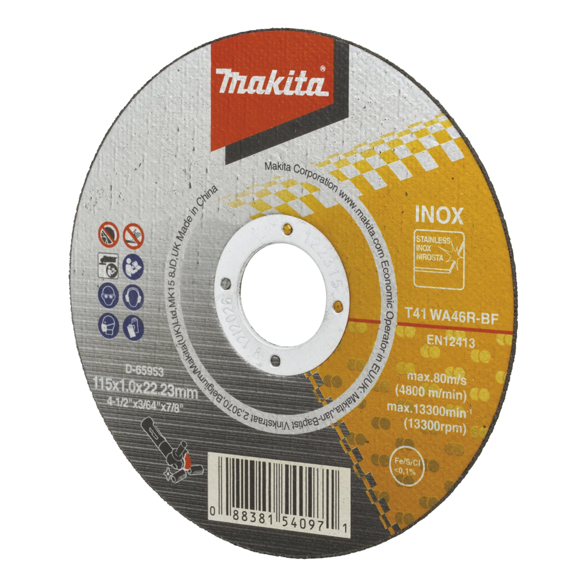 Makita rostfri stålskiva, 115x1,0x22,23 mm specifikationer, max 13 300 varv/minut, i gult, rött, svart och vitt.