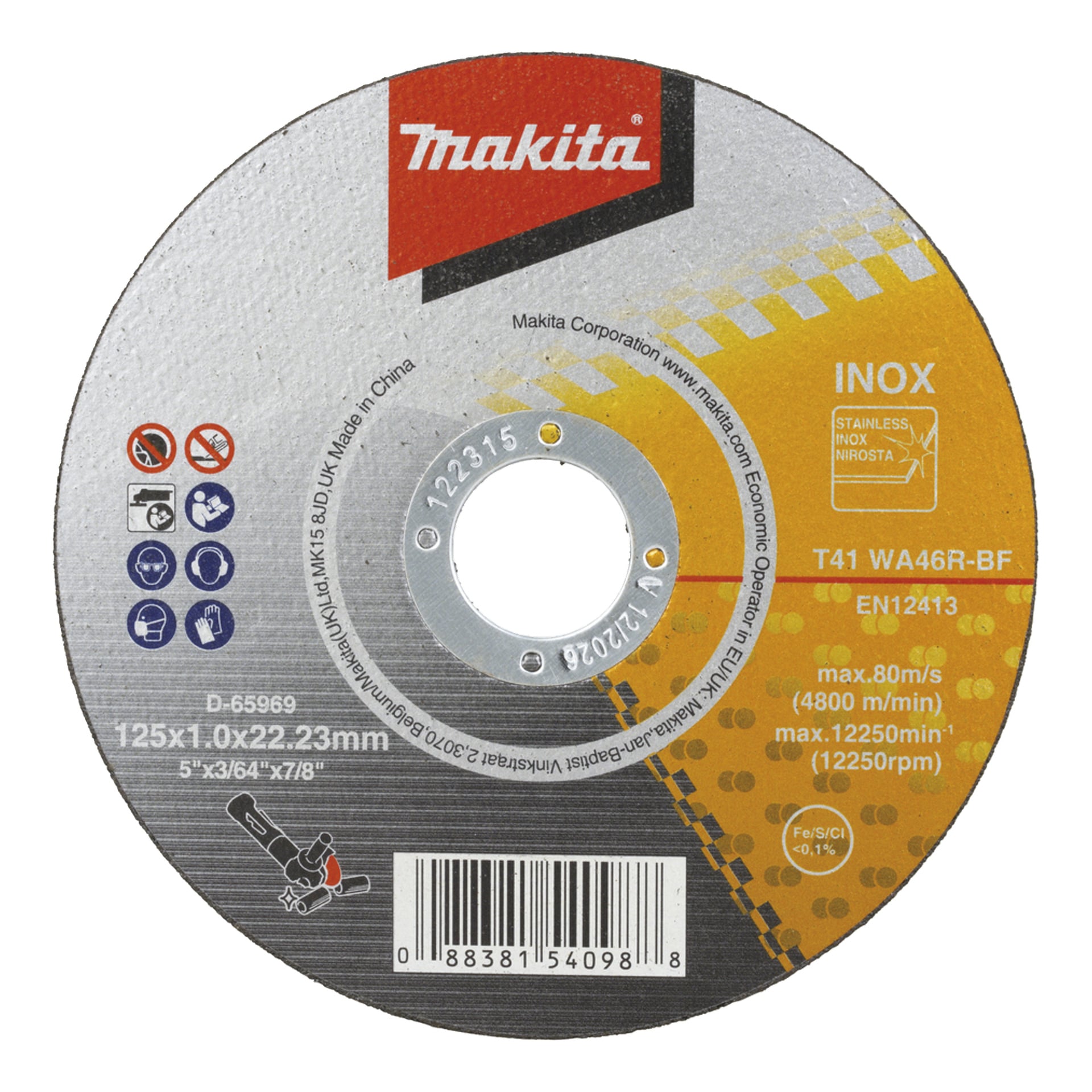 Makita INOX Disc für Edelstahl, T41 WA46R-BF, 125x1,0x22,23 mm, 80 m/s, 12250 U/min; Sicherheitsdetails auf dem Etikett.