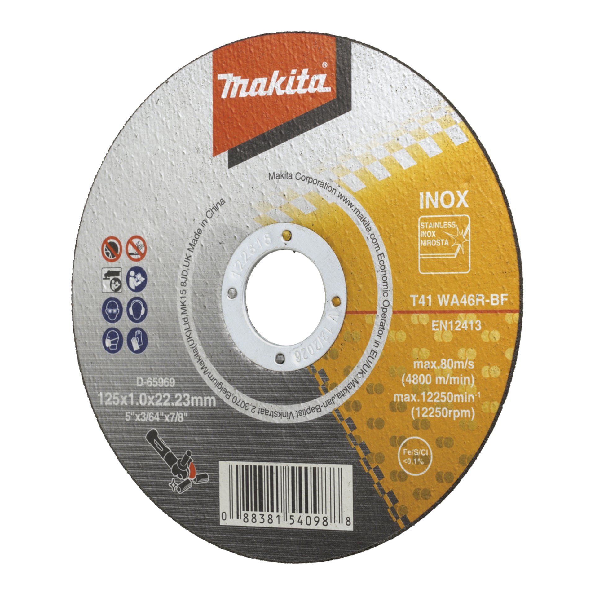 Die Makita Edelstahl-Schneideplatte zeigt die Spezifikationen: 125 x 1,0 x 22,23 mm, maximal 12.250 U/min und verschiedene Sicherheitssymbole in der Mitte.