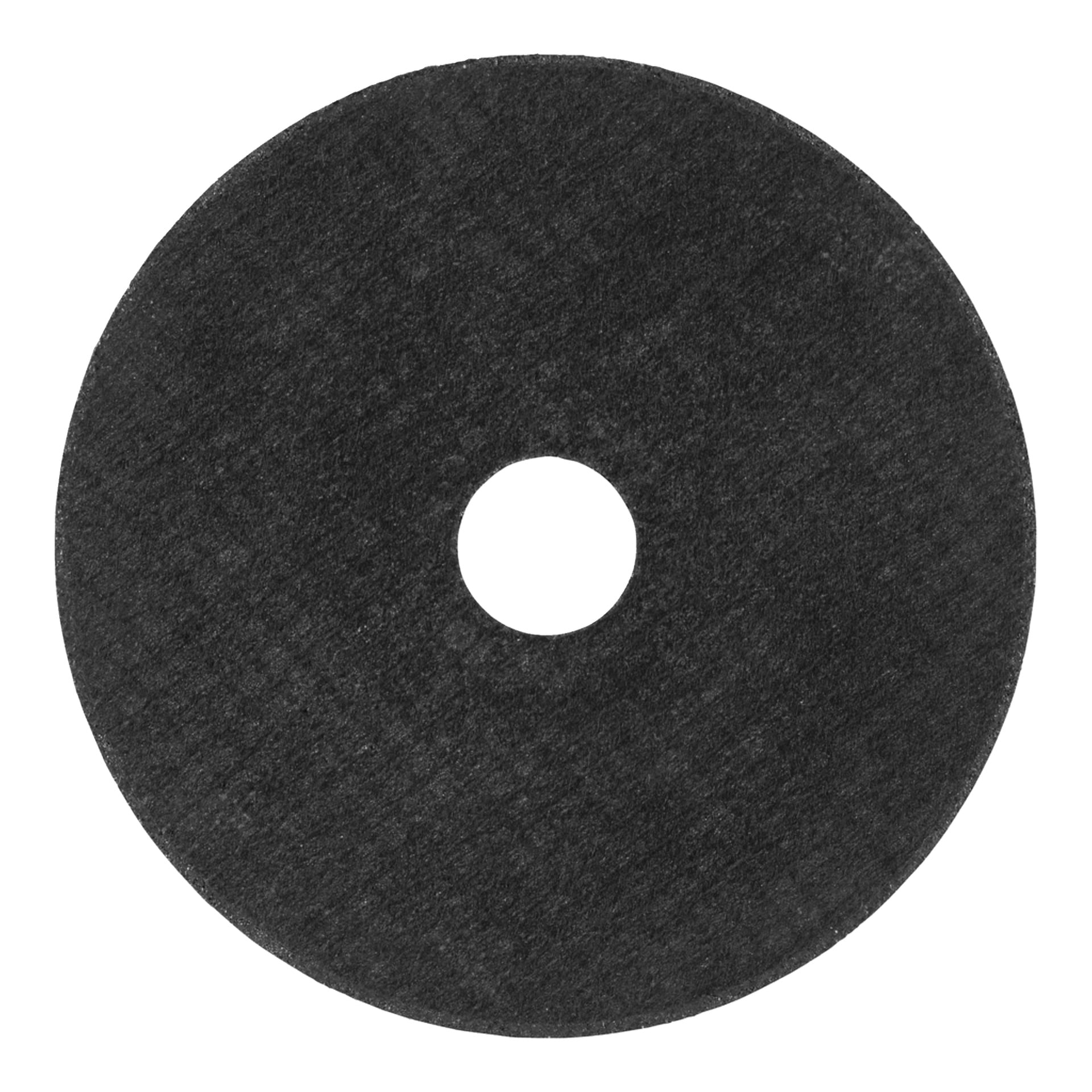 Eine schwarze, runde Schleifscheibe mit strukturierter Oberfläche und Mittelloch, von oben gesehen.