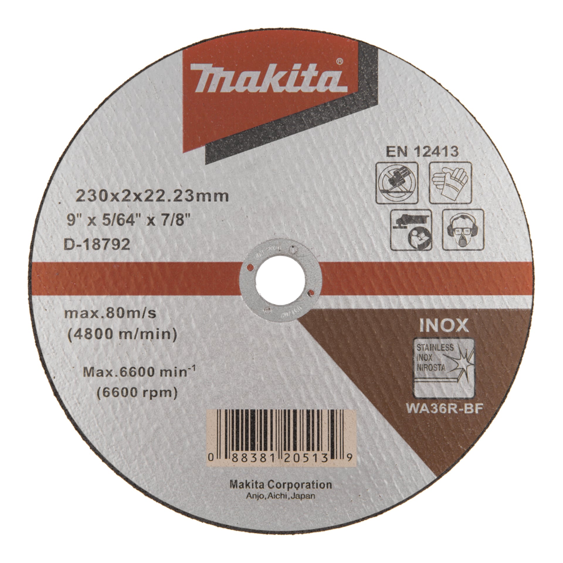 Makita-Schneideplatte mit der Beschriftung 230x2x22,23 mm, maximal 80 m/s, 6600 U/min, für Edelstahl, mit sichtbaren Sicherheitssymbolen, Barcode und Logo.