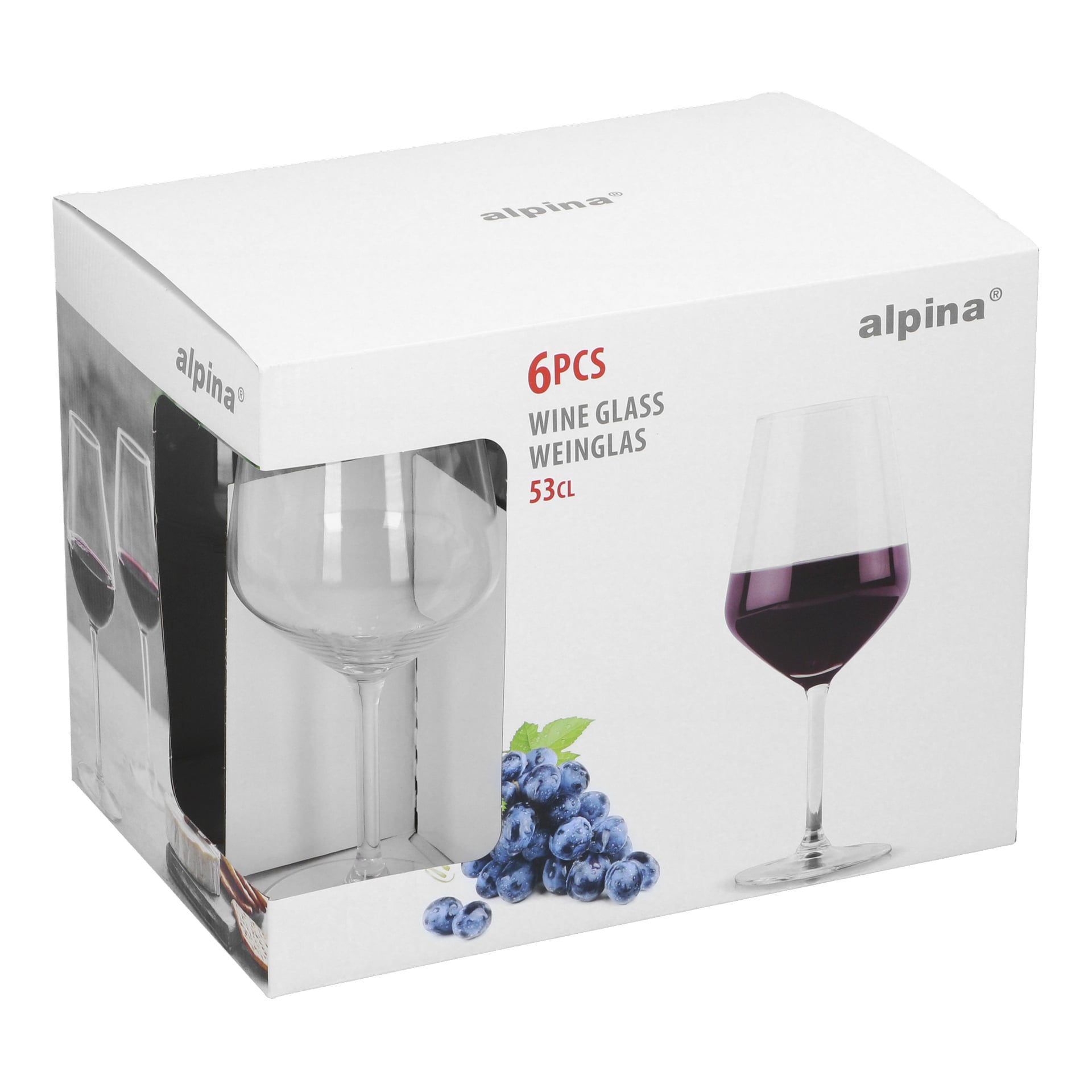En eske merket alpina rommer seks vinglass på 53cl, med bilder av glass, druer og tekst som lyder 6PCS WINE GLASS WEINGLAS 53cl.