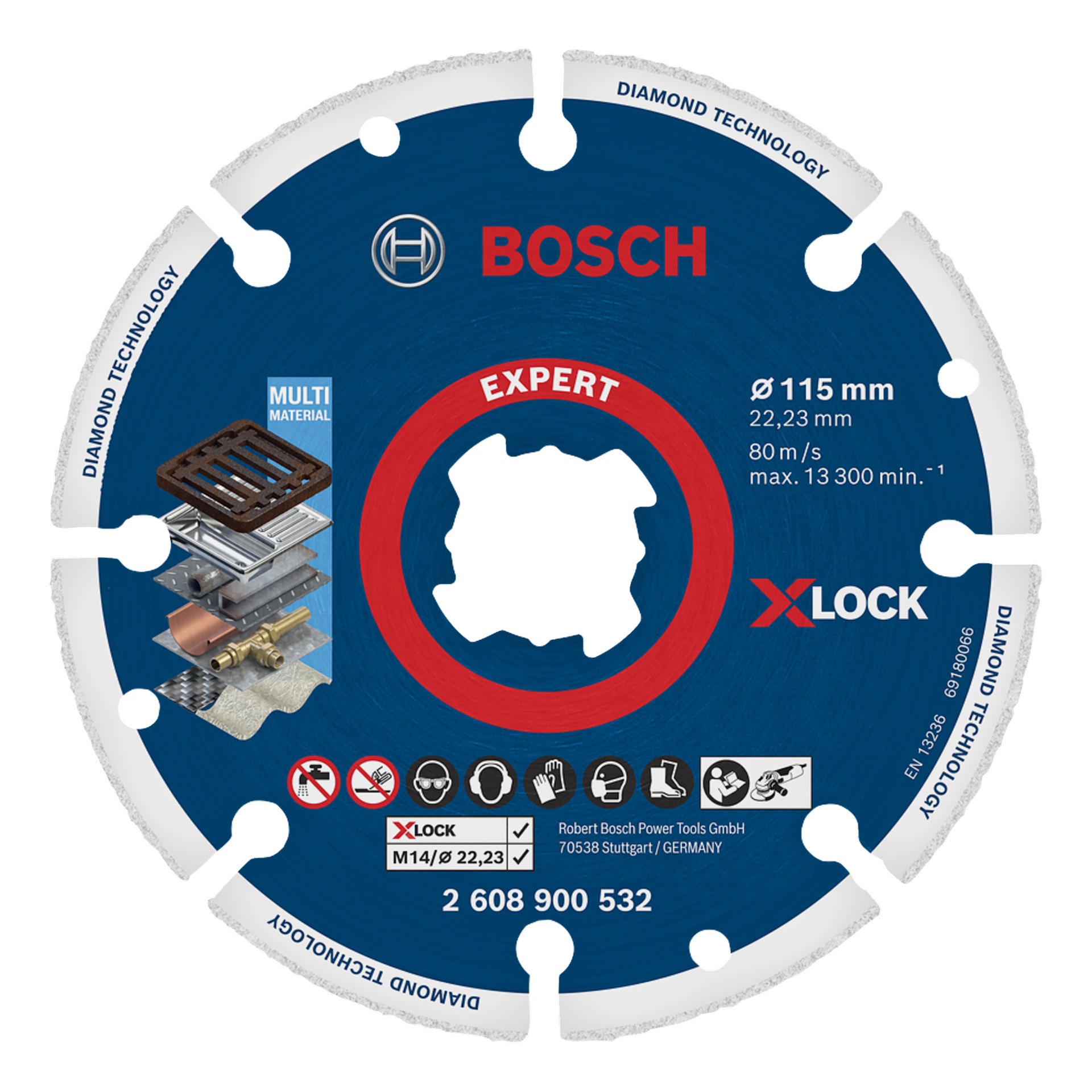 Bosch Expert X-Lock diamantslipskiva, 115 mm, märkt för flera material med specifikationer, säkerhetssymboler och Bosch-logga på blått.