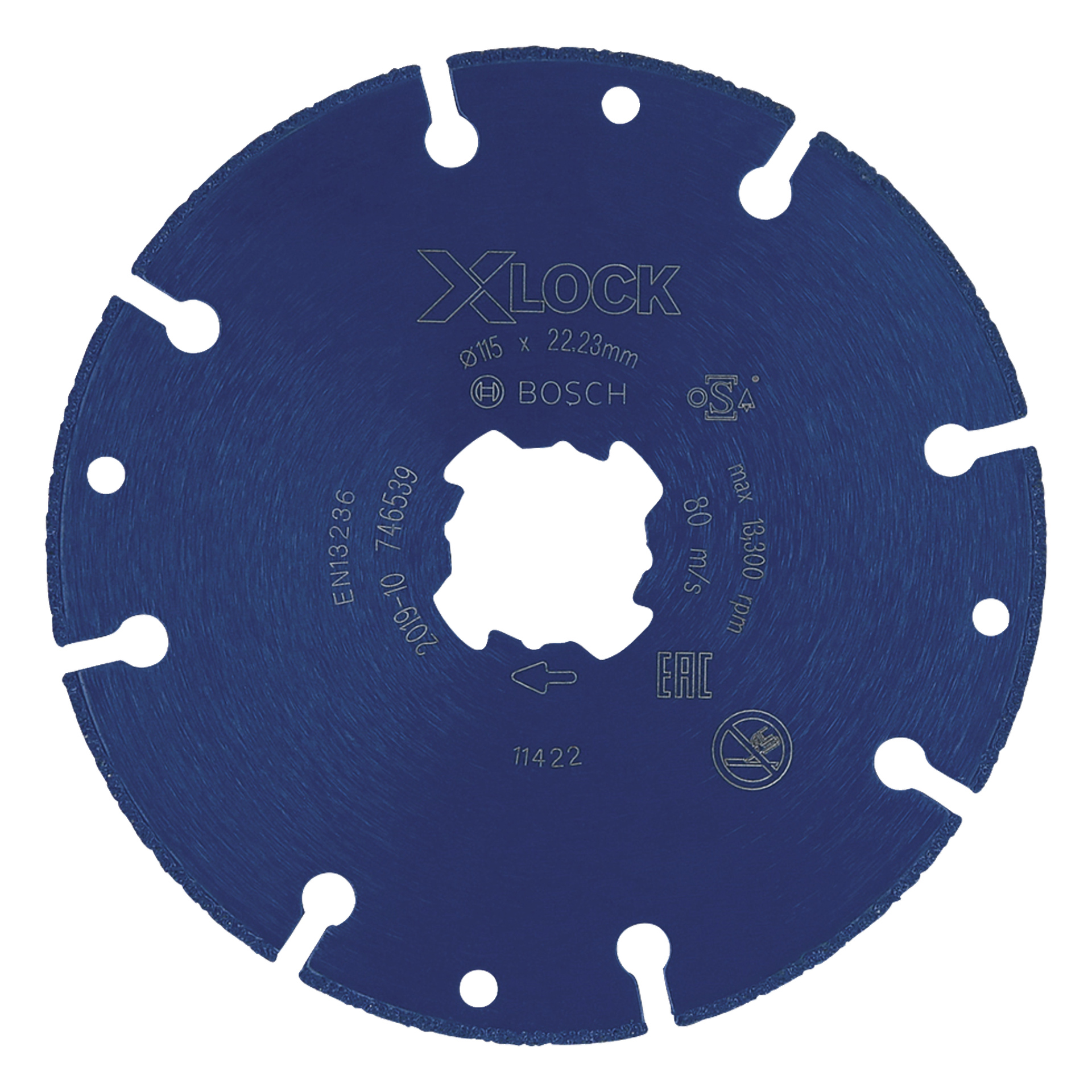 Bosch X-LOCK blå skärskiva, rund med 115 mm diameter, 22,23 mm hål, kantspår och specifikationer tryckta på framsidan.
