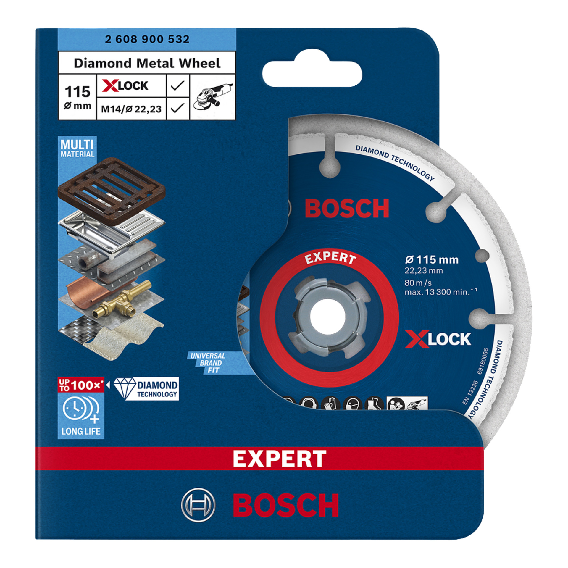 Bosch Expert Diamond Metal Wheel i butiksförpackning, märkt 115 mm X-Lock, för att skära metaller; Höjdpunkter är diamantteknik och hållbarhet.