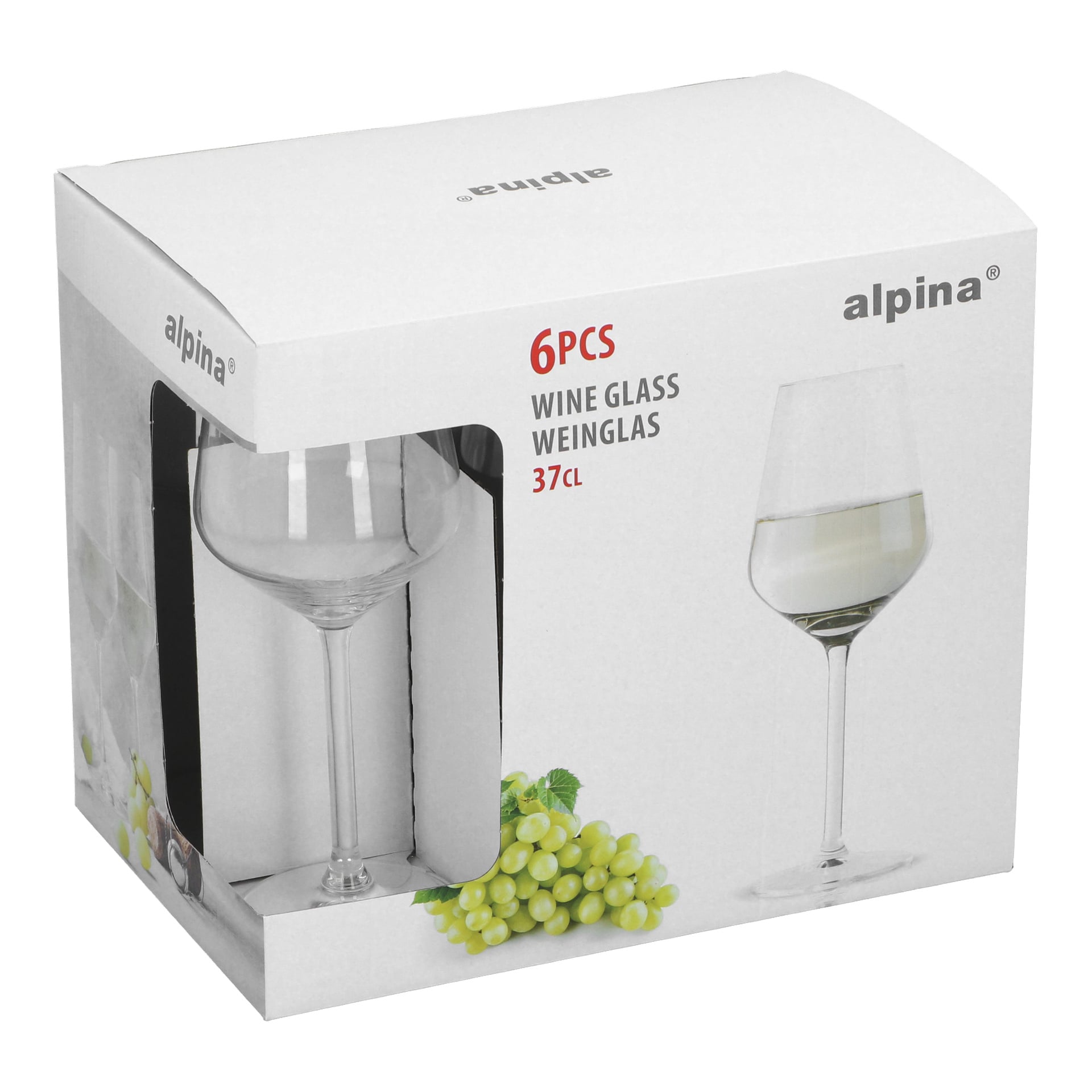 En hvit alpina-boks rommer seks vinglass på 37 cl, med et bilde av et fylt glass og grønne druer, pluss «6 STK VINGLASS 37 CL».