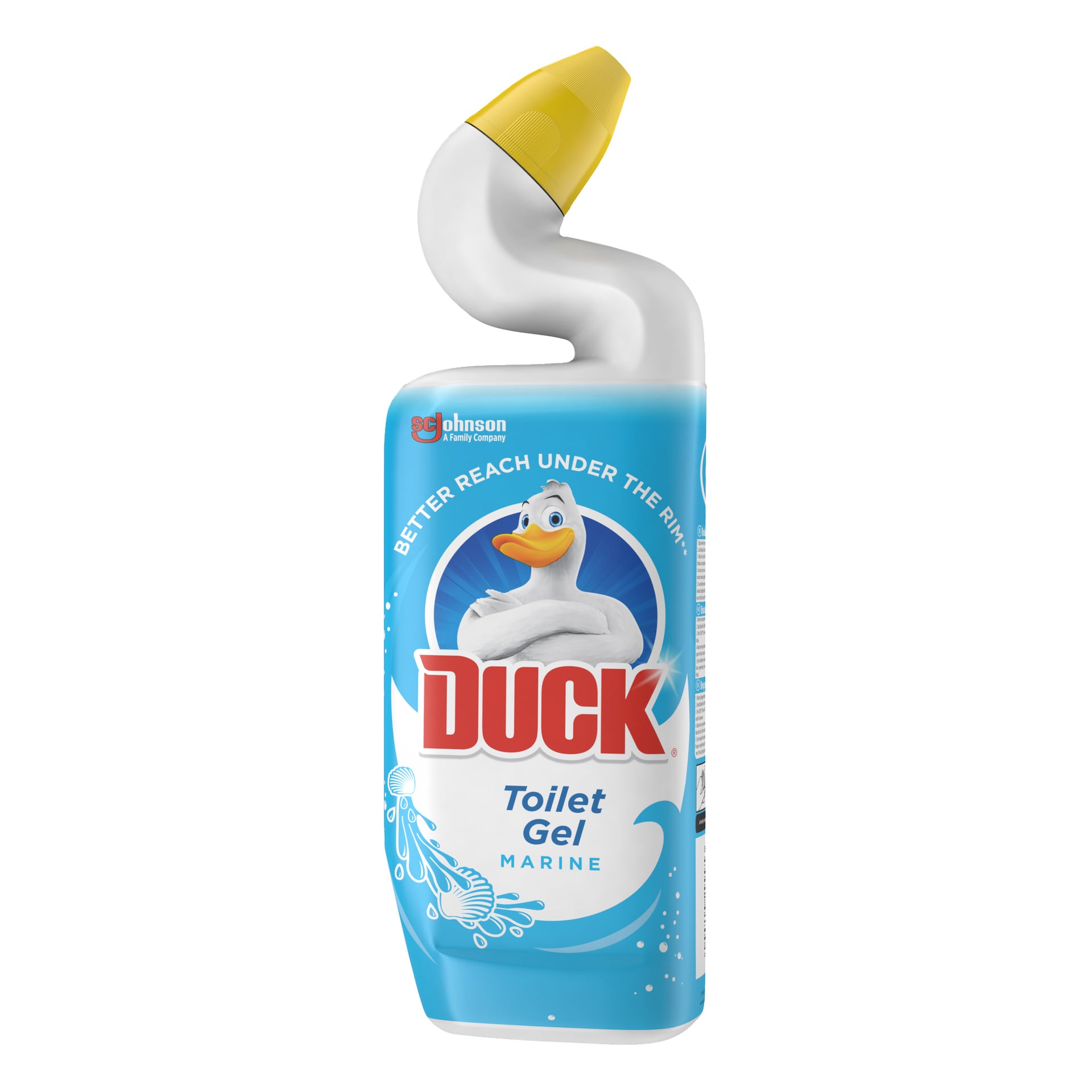Duck Toilet Gel Marine-flaska med ett vitt och gult böjt munstycke, blå etikett, tecknad anka och text: Bäst att nå under kanten.