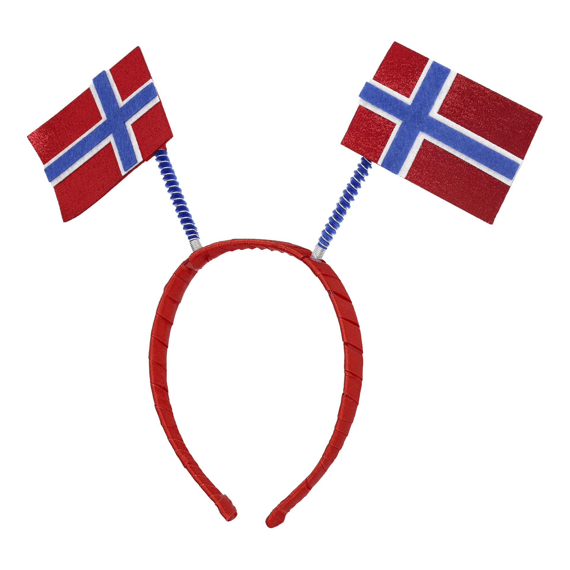 Ett rött pannband toppat med två små norska flaggor på fjädrar, en flagga placerad på vardera sidan.