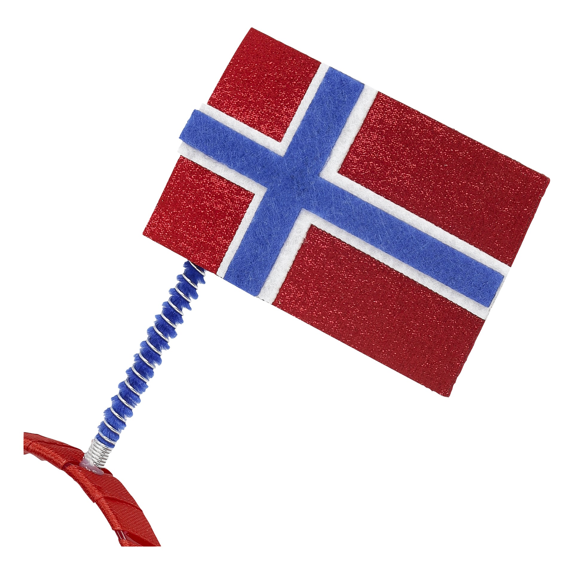 En glittrig norsk flagga på ett studsigt rött och blått pannband, med röd bakgrund och ett blått kors med vita kanter.