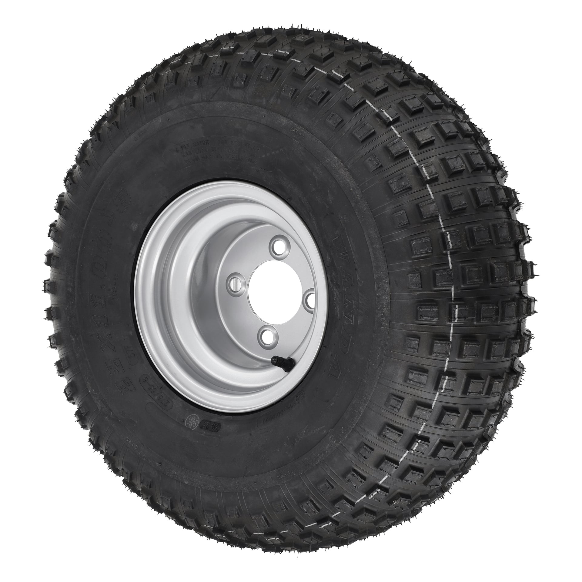 Zbliżenie na Wheel Cpl 22X11-8 F. 008041, pokazujące czarną oponę z wypukłymi krawędziami ze srebrną metalową felgą i trzonkiem zaworu. Opona wydaje się nieużywana.