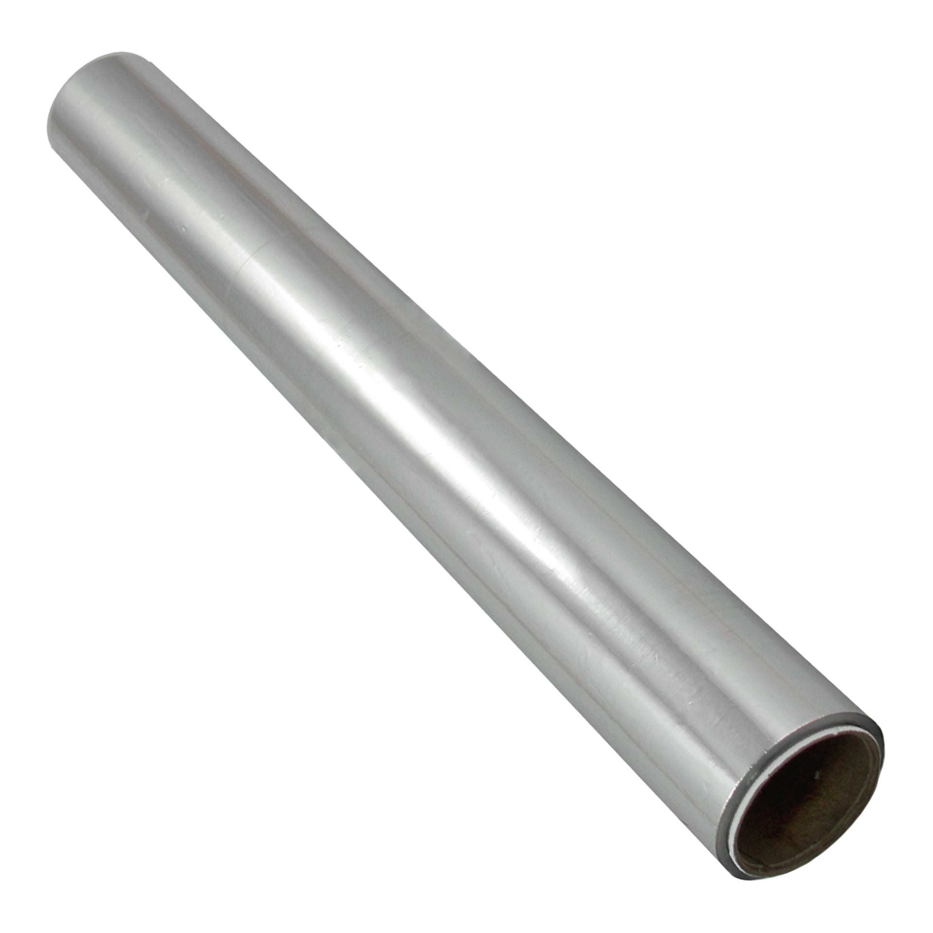 En delvis utrullad rulle aluminiumfolie avslöjar dess glänsande, reflekterande yta och kartongröret i mitten.