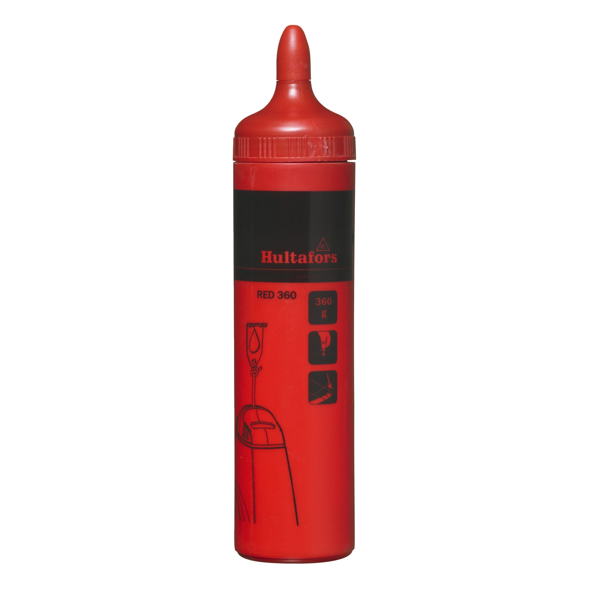 Eine rote Hultafors RED 360 Flasche mit spitzem Deckel, schwarzem Band und Produktnutzungsillustrationen auf der Vorderseite.