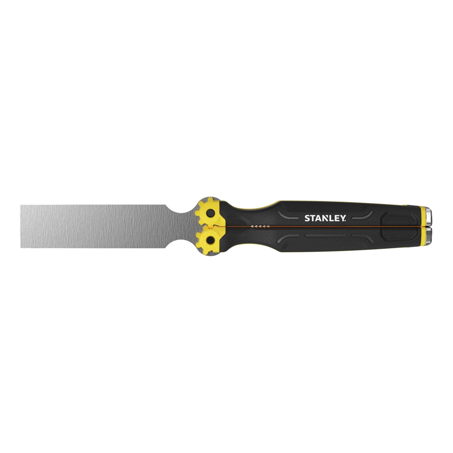 En metallspackel med ett platt, rektangulärt blad och ett svart och gult ergonomiskt handtag märkt Stanley med texturerade grepp.