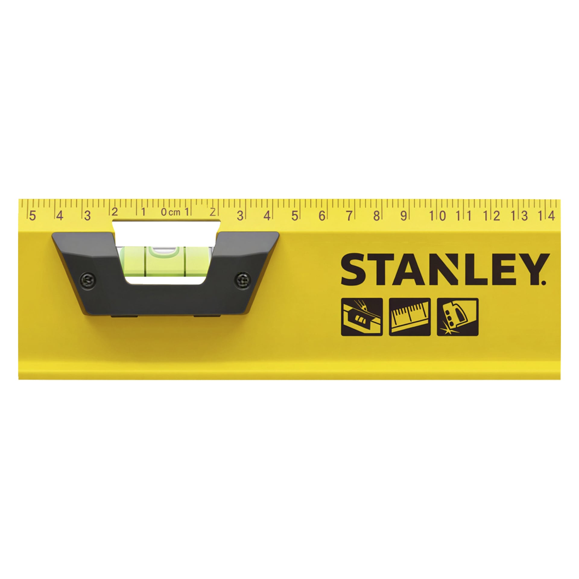 Närbild av en gul Stanley-spritnivå med centimeterlinjal, bubbelflaska, svarta måttikoner och Stanleys logotyp synlig.