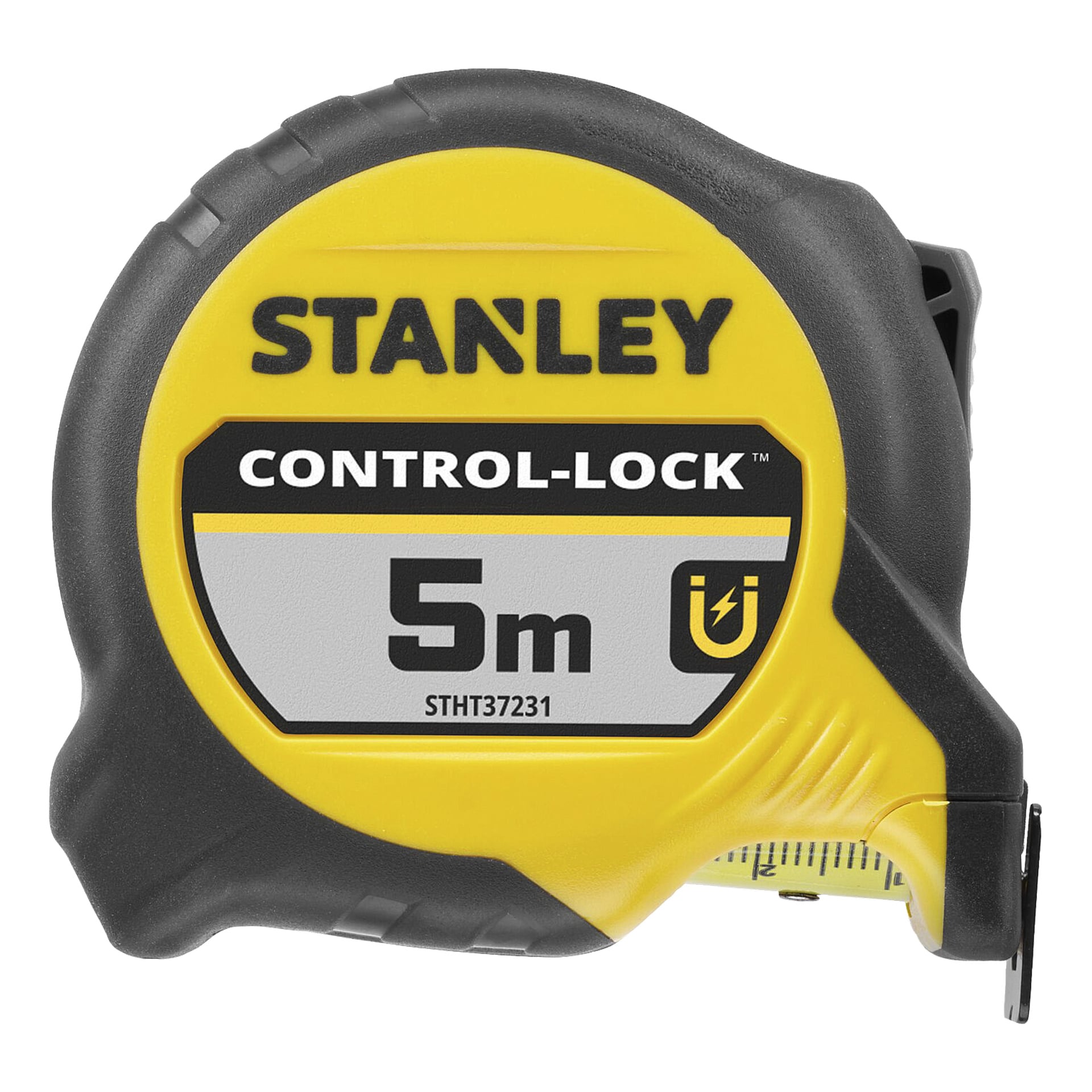 Gult och svart Stanley Control-Lock-måttband, 5 m kapacitet, kod STHT37231 på etiketten, med bandet något utdraget.