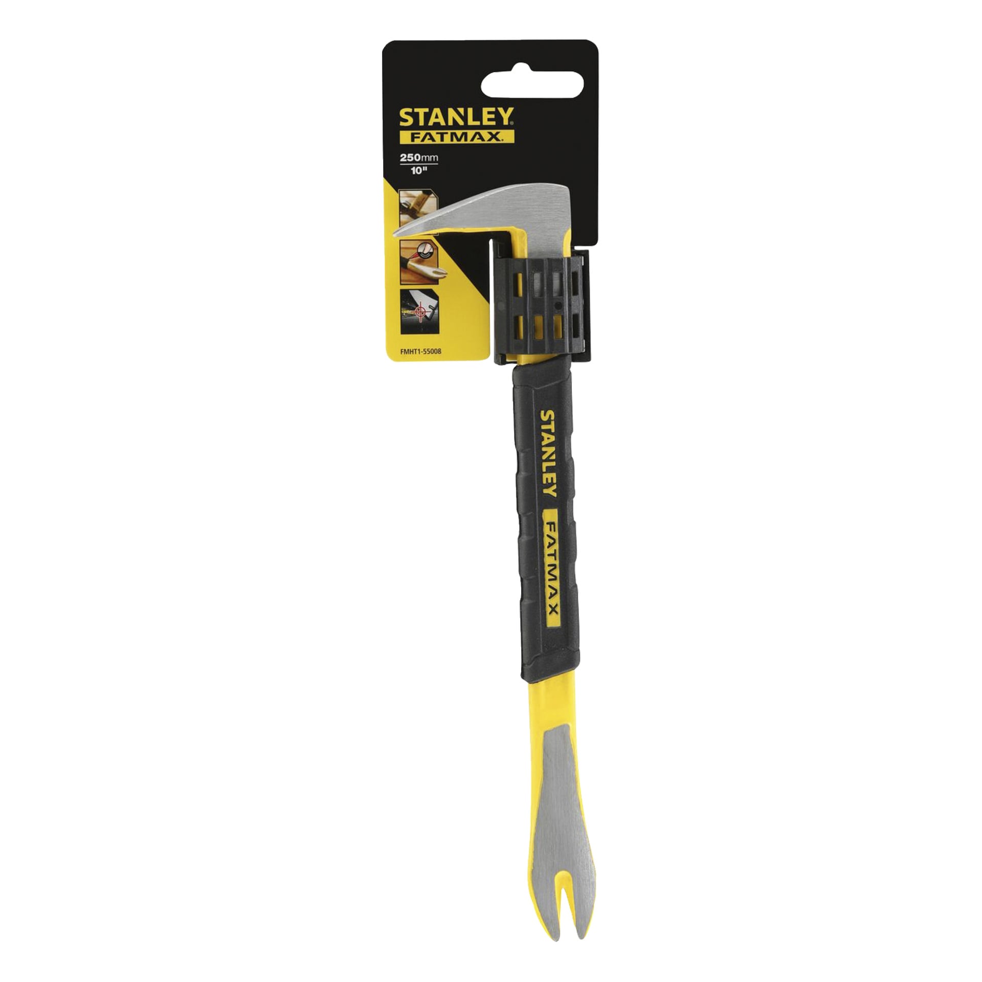 Stanley FatMax 250mm svart och gul hammare/bräck-kombination visas i förpackningen med produktdetaljer och användningsbilder synliga.