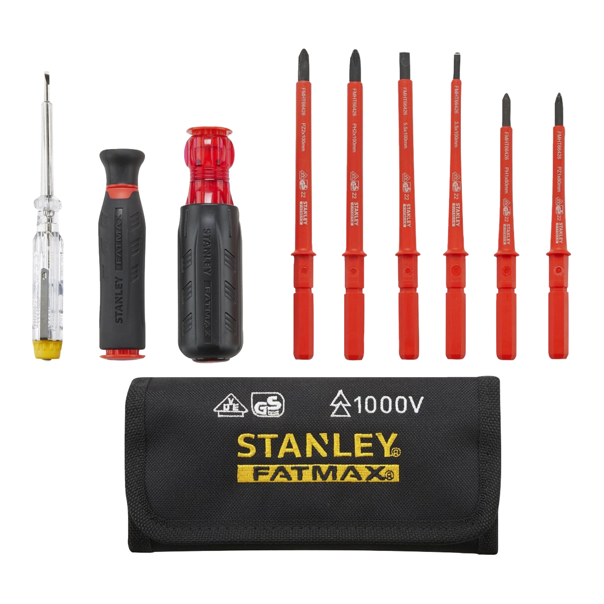 Dziewięć śrubokrętów Stanley z czerwonymi, czarnymi i przezroczystymi uchwytami, a także ładownica Stanley FatMax oznaczona 1000V i ikonami bezpieczeństwa.