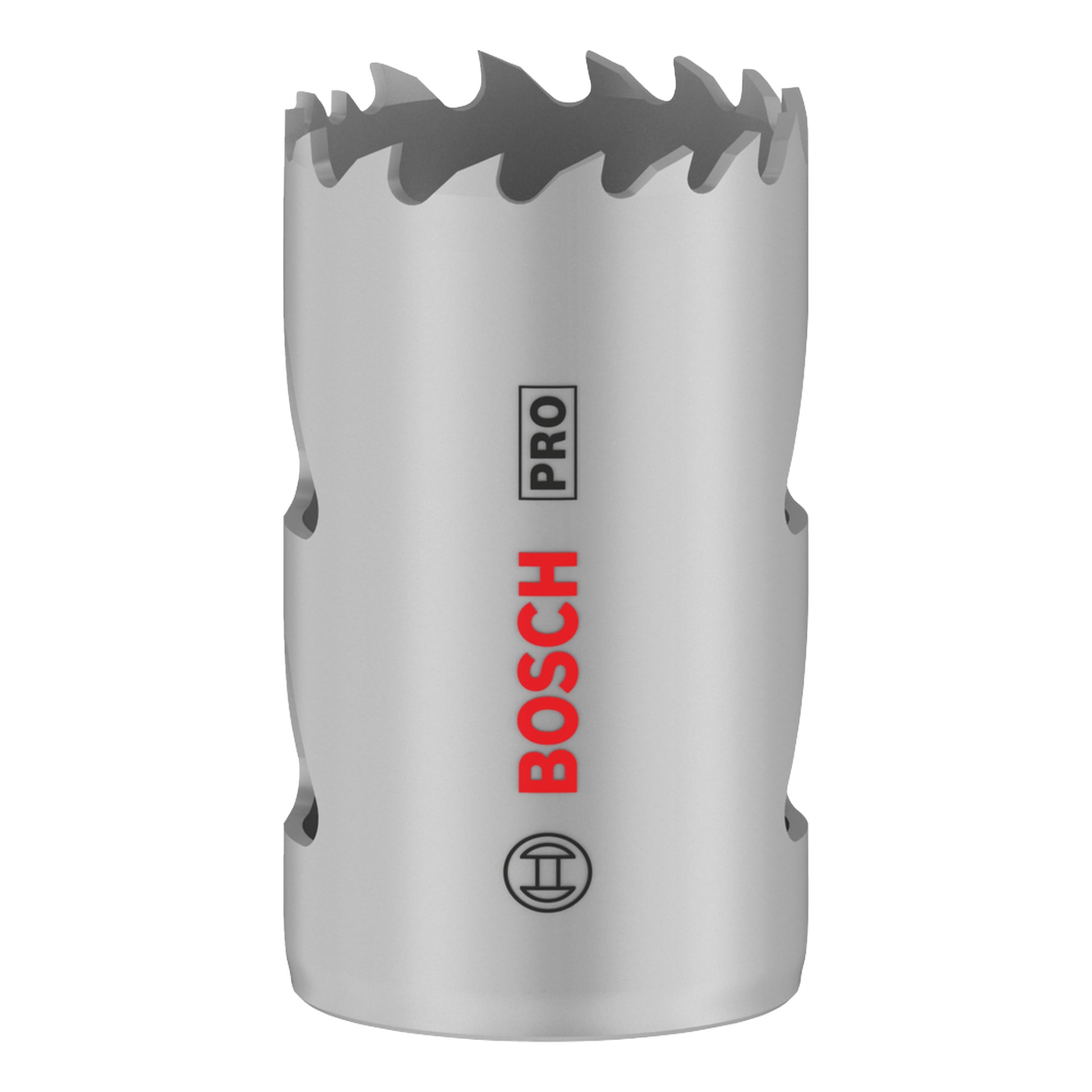 En metall-Bosch Pro-hålsåg med vassa, taggiga tänder på toppen och röda och svarta Bosch-loggor tryckta på dess slanka silverkropp.