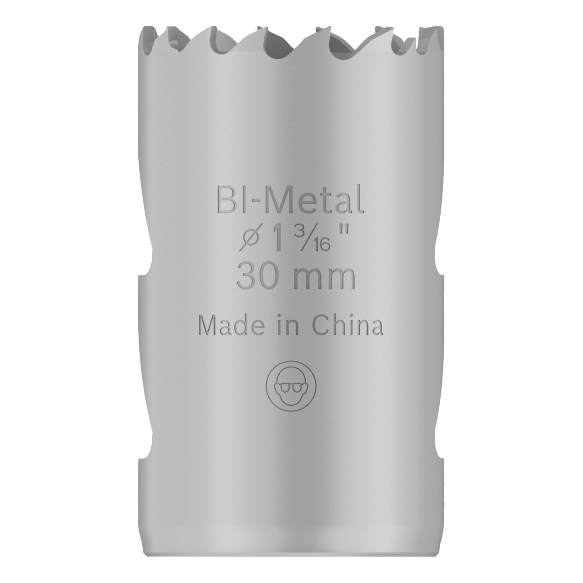 Hopeinen kaksimetallinen reikäsaha, jossa on sahalaitaiset hampaat, merkitty Bi-Metal, Ø 1 3/16, 30 mm, valmistettu Kiinassa, sekä pieni ikoni pohjassa.