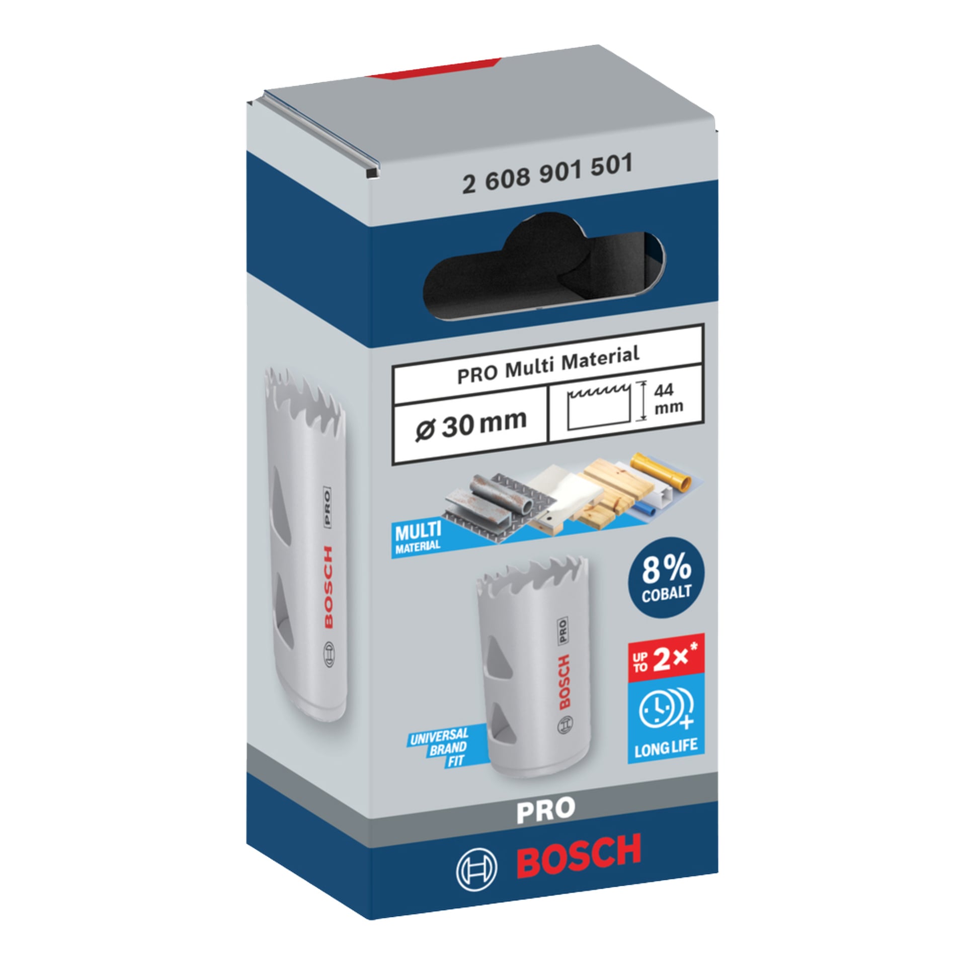 Bosch PRO Multimaterial-hullsagboks, 30 mm, 44 mm dybde, 8 % kobolt, universell passform. Blå, grå og rød emballasje med spesifikasjoner.