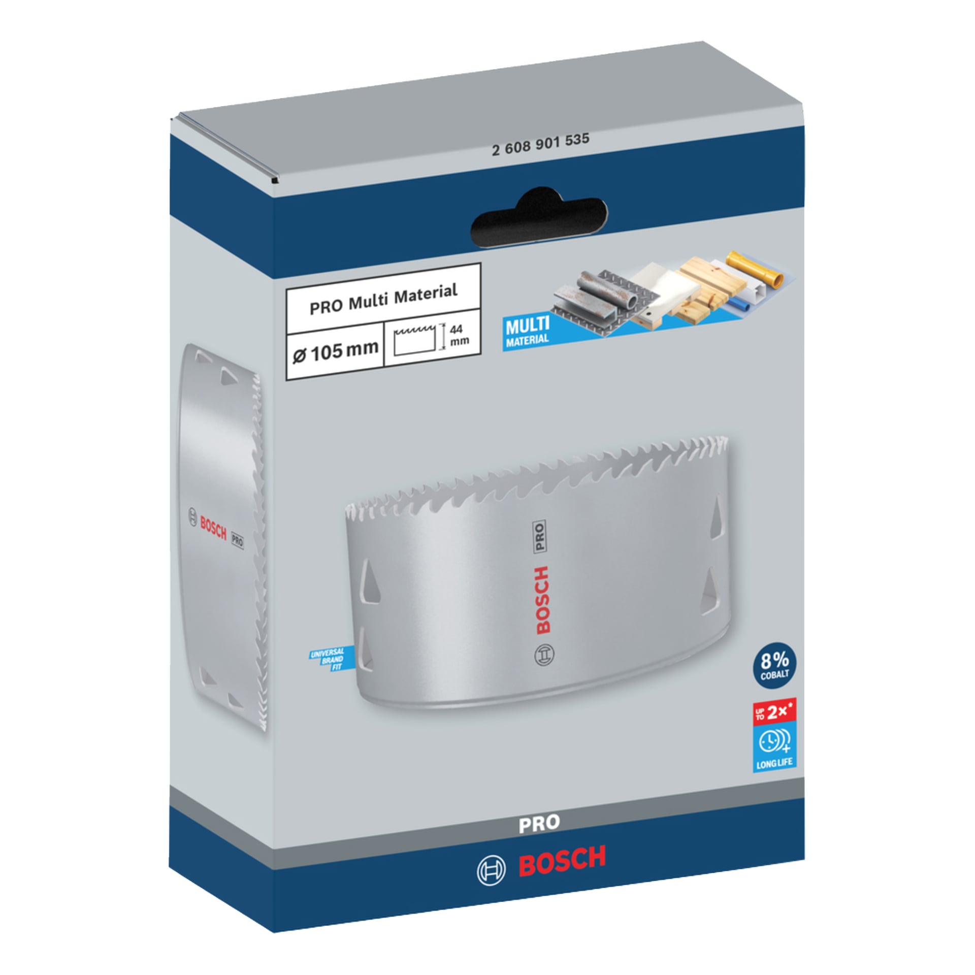 Bosch PRO Multimaterial-sagblad i pakken, merket 105 mm x 1 mm, med bilder som viser materialkompatibilitet og detaljer.