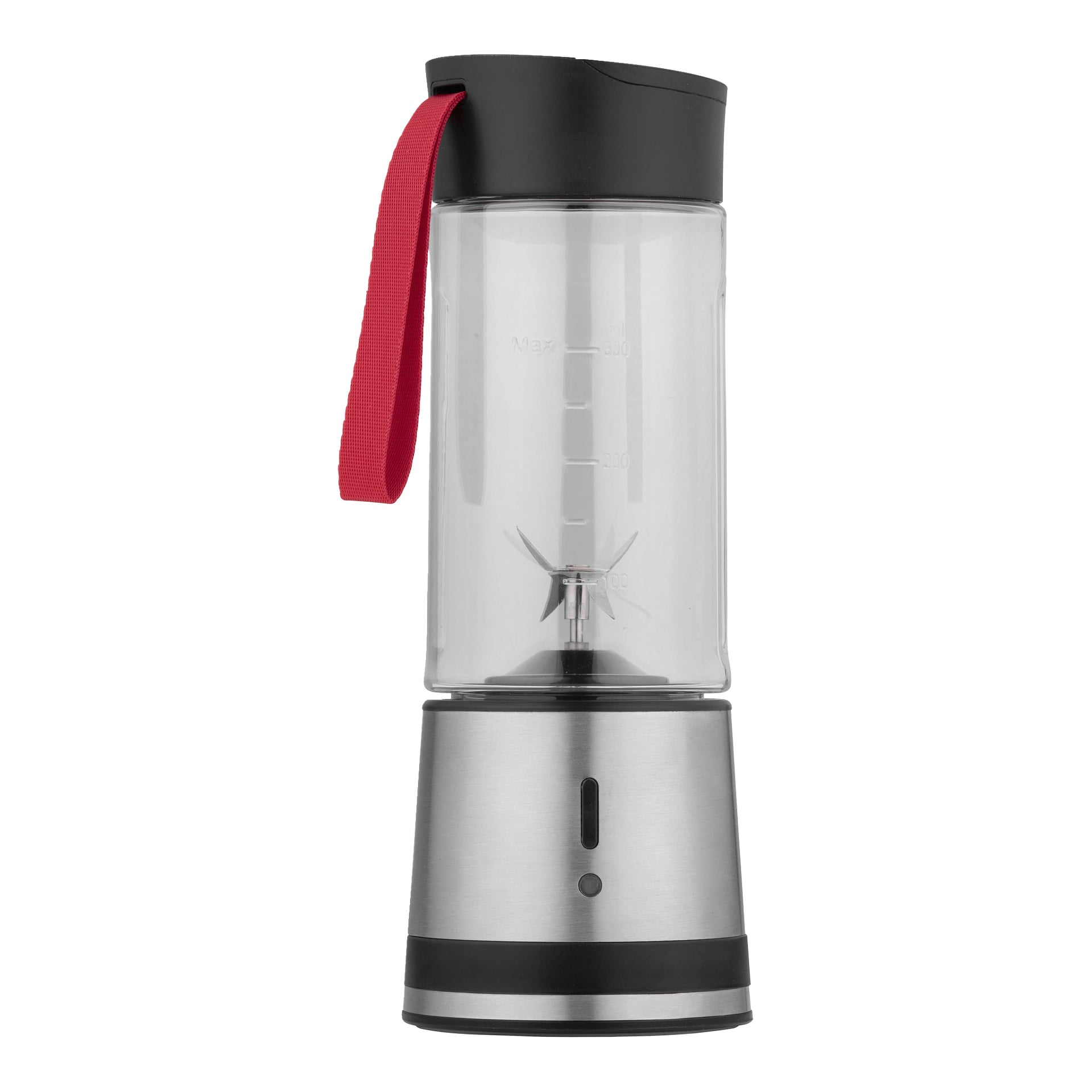 Bærbar blender med gjennomsiktig beholder, bunn i rustfritt stål, svart lokk, rød stropp, målemerker og metallblader.