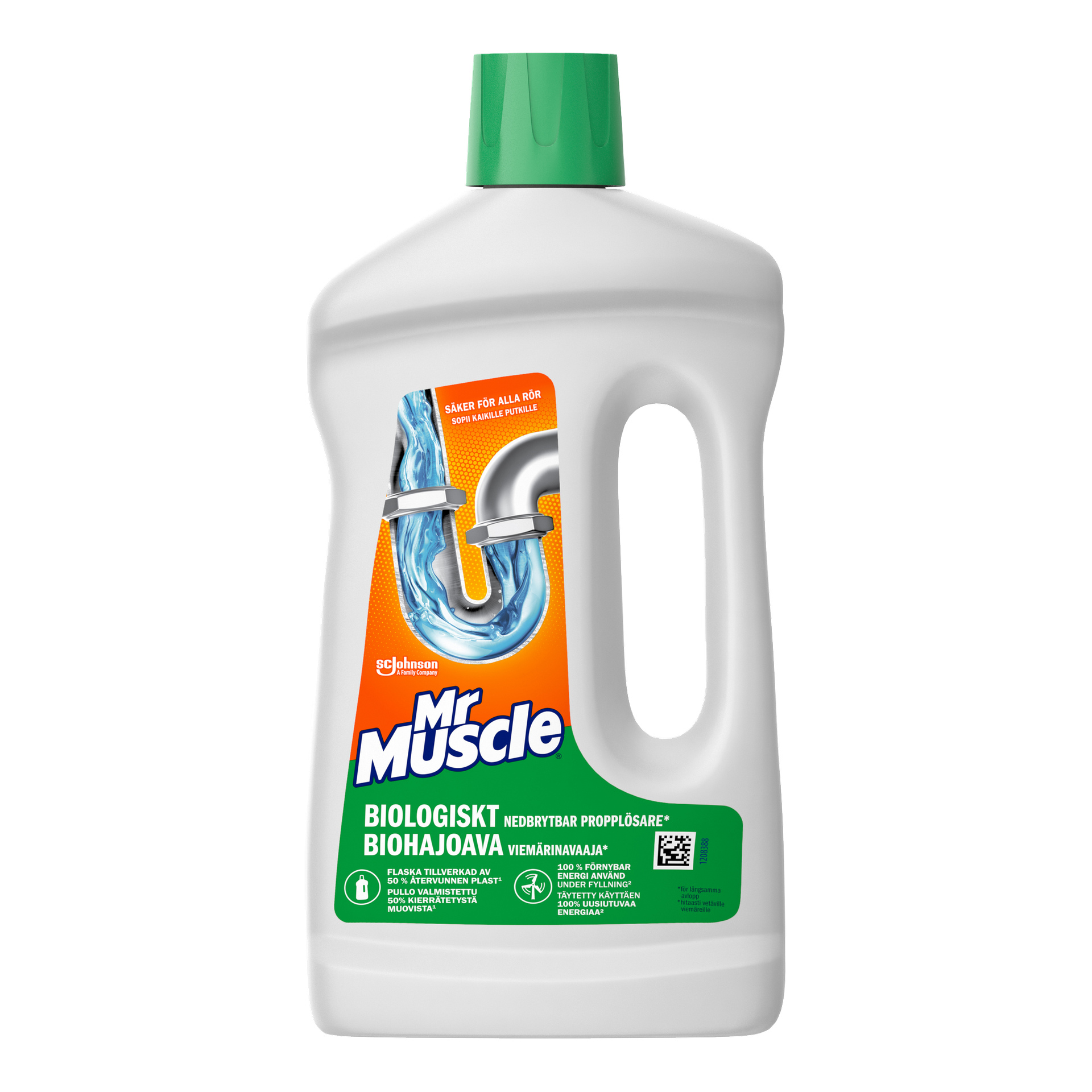 En vit plastflaska med grön kapsyl märkt Mr Muscle Biologiskt Nedbrytbar Proppborttagare, som visar ett rör med rinnande vatten.