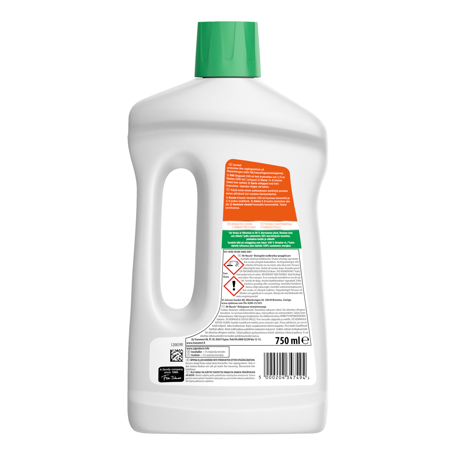 En vit plastflaska med grön kapsyl rymmer 750 ml vätska. Baksidan av etiketten visar instruktioner, varningar och varningssymboler.