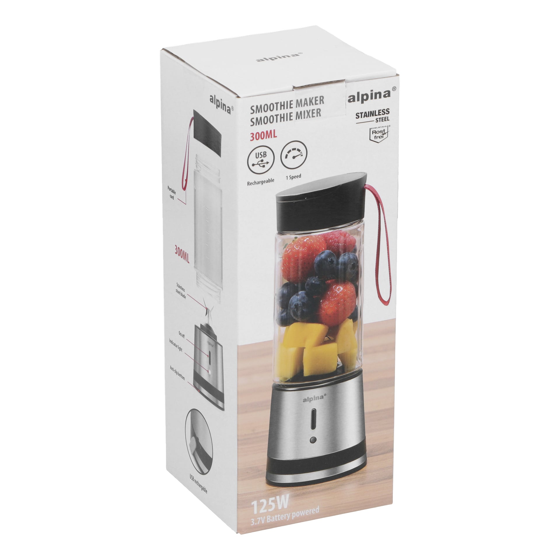 Alpina smoothiemaskinboks, 300 ml, viser blender med frukt; har USB-lading, rustfritt stål, 1-hastighets og 125W batteri.