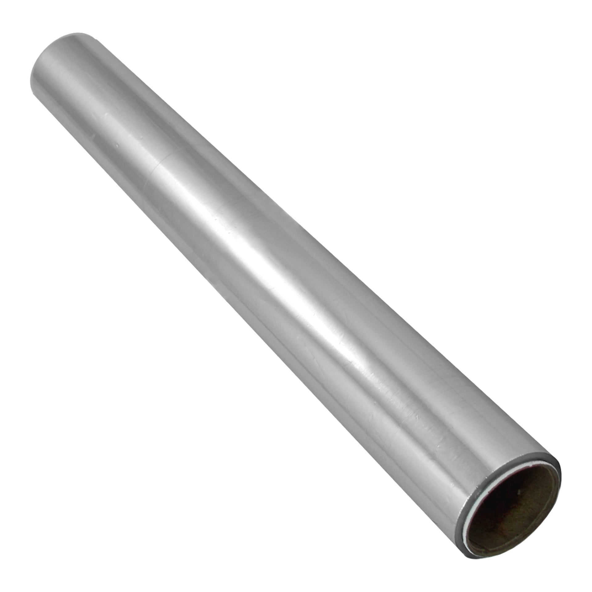 En glänsande, metallisk rulle av aluminiumfolie vinklad för att visa kartongröret i ena änden.