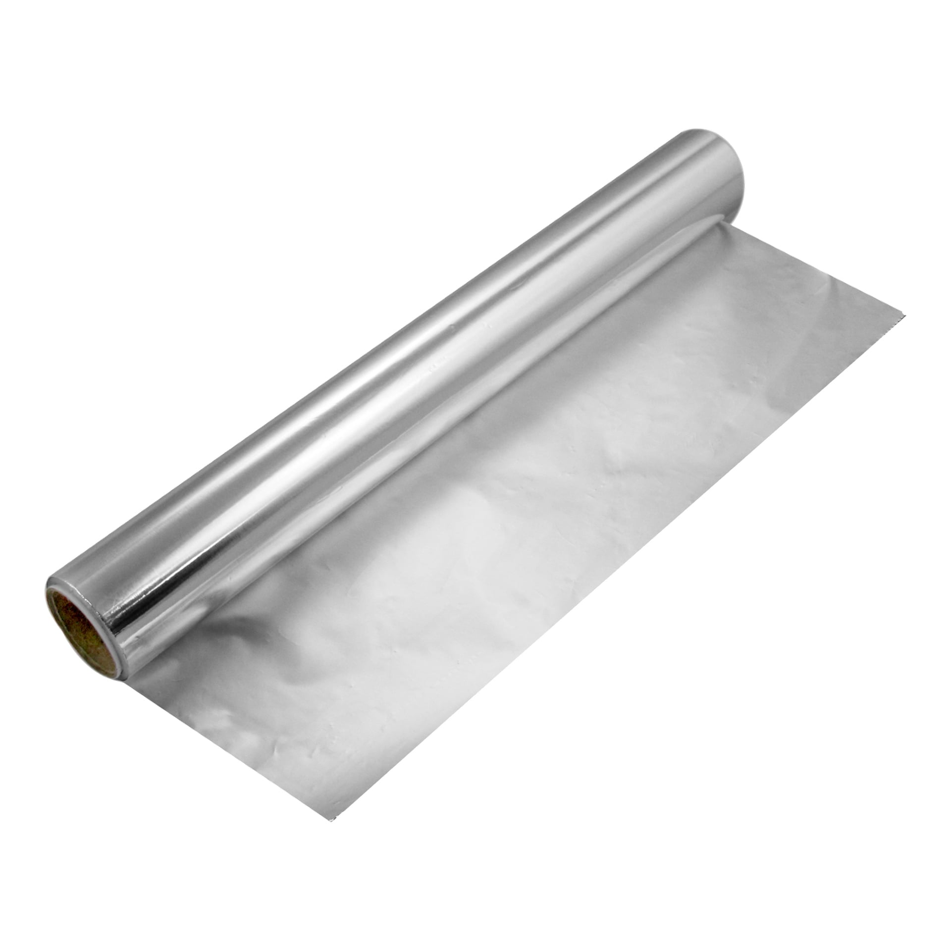 En utrullad aluminiumfolierulle visar ett slätt, metalliskt, reflekterande ark som sträcker sig utåt. Folien ser slank och blank ut.