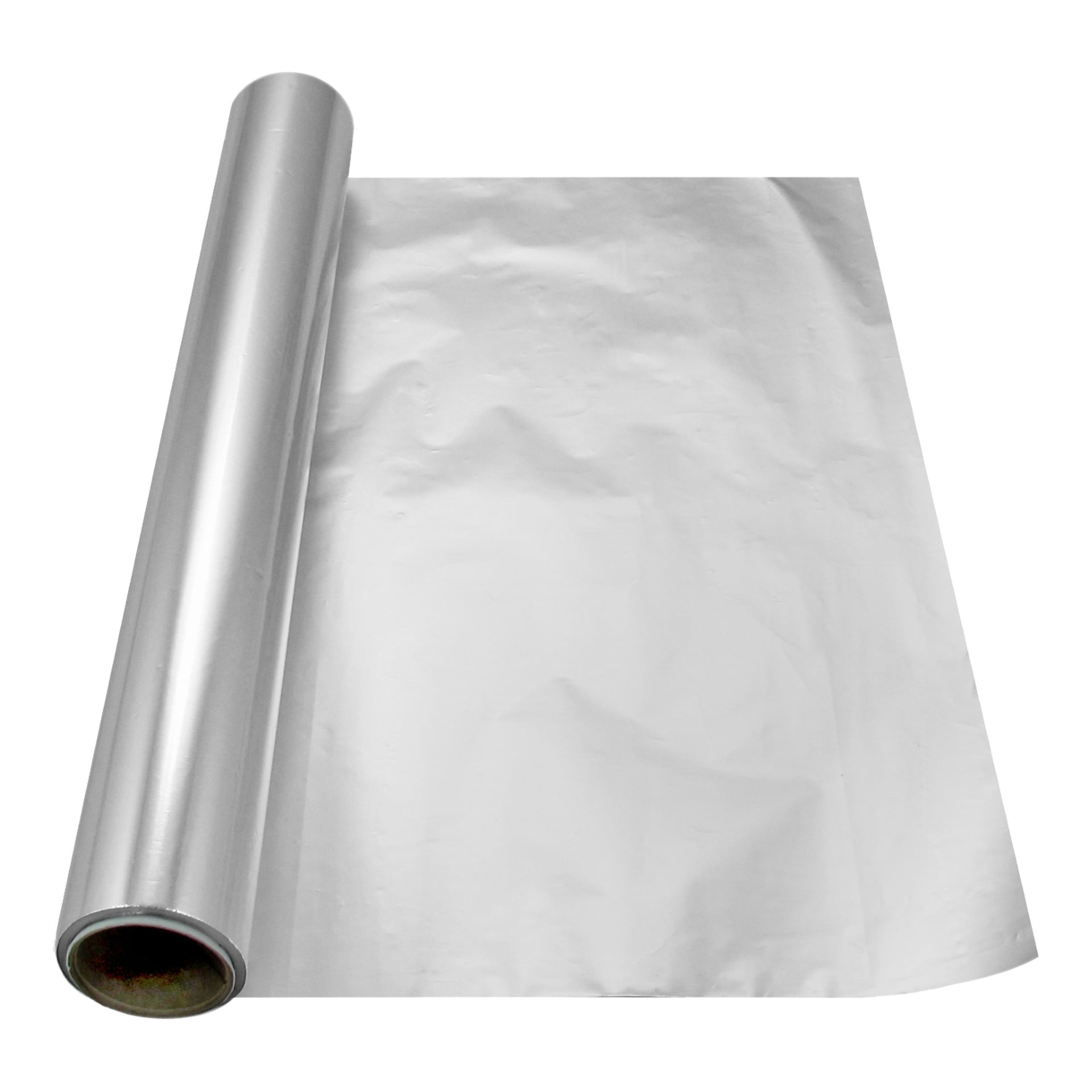 Delvis utrullad silveraluminiumfolie med blanka sidan uppåt, som visar kartongröret i ena änden.