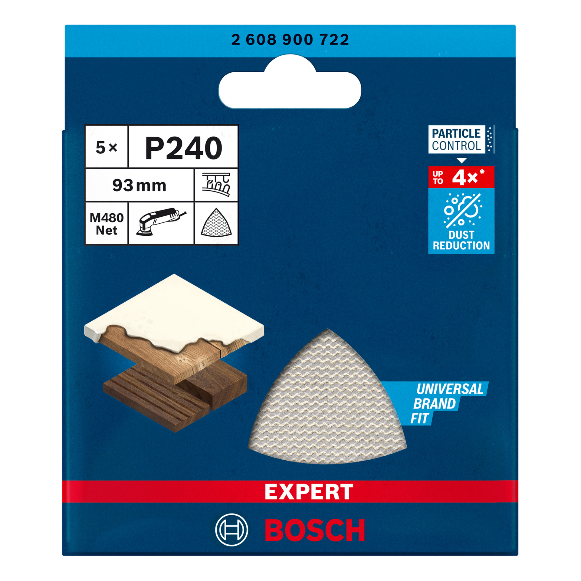 Bosch Expert P240 -hiomalevypakkaus monitoimityökaluihin, 5 levyä, 93 mm, puu-/maalikuvakkeilla ja väitteet pölyn vähentämisestä jopa 4-kertaiseksi.