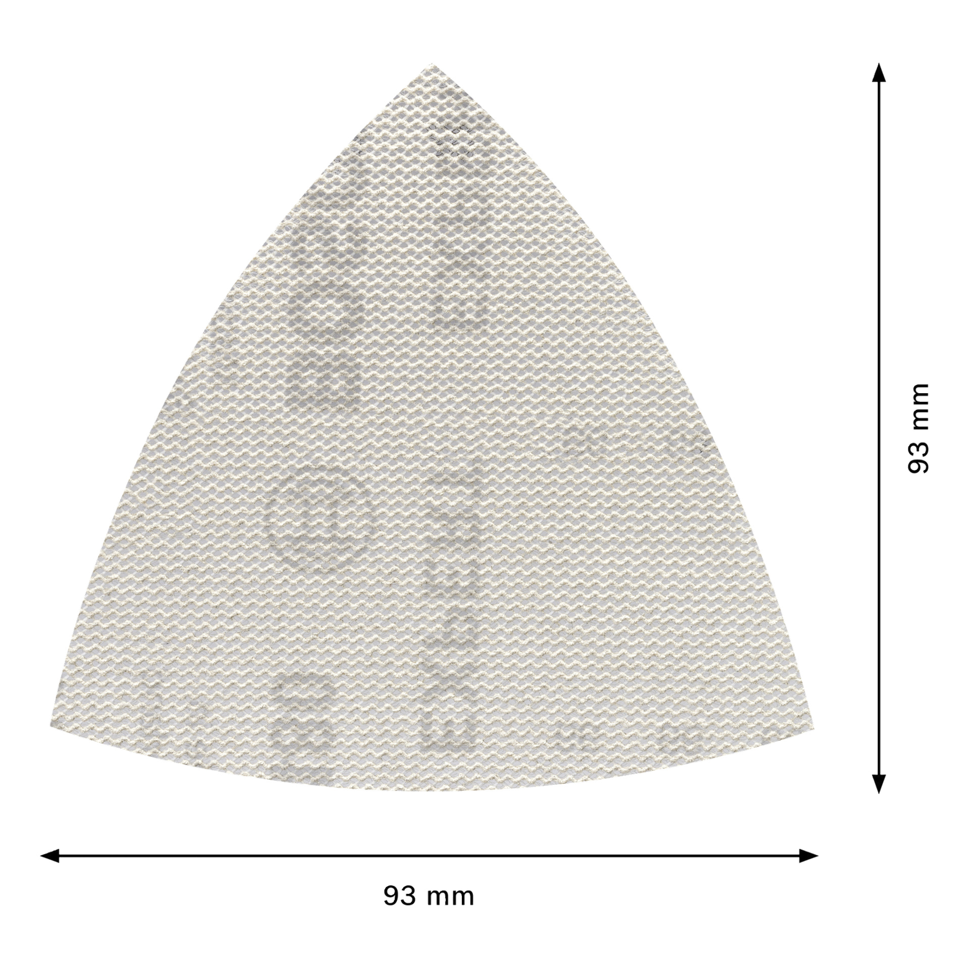 Teksturoitu kolmionmuotoinen hiekkapaperilevy, jonka koko on 93 mm x 93 mm nuolilla.