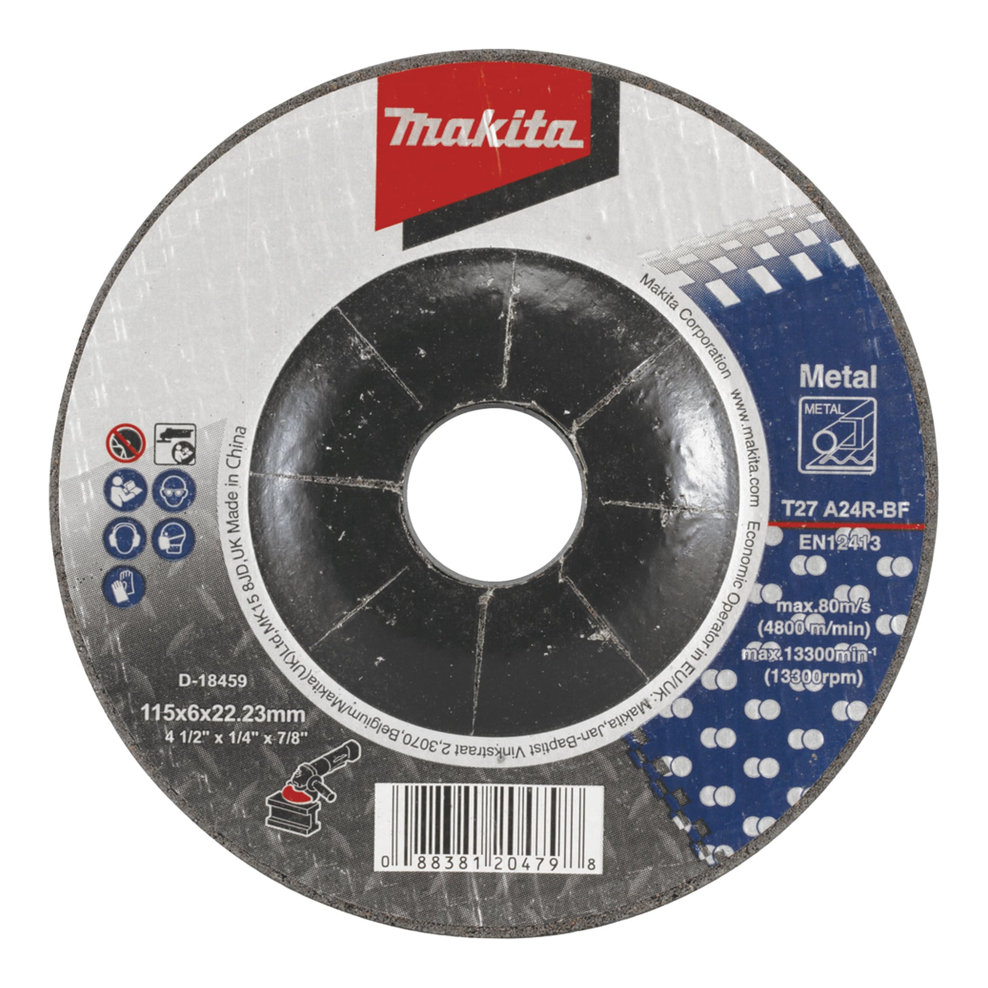 Makita metallskärskiva märkt T27 242R-BF, 115x6x22,23 mm, med ett mitthål, ikoner, streckkod och detaljer i blått och rött.